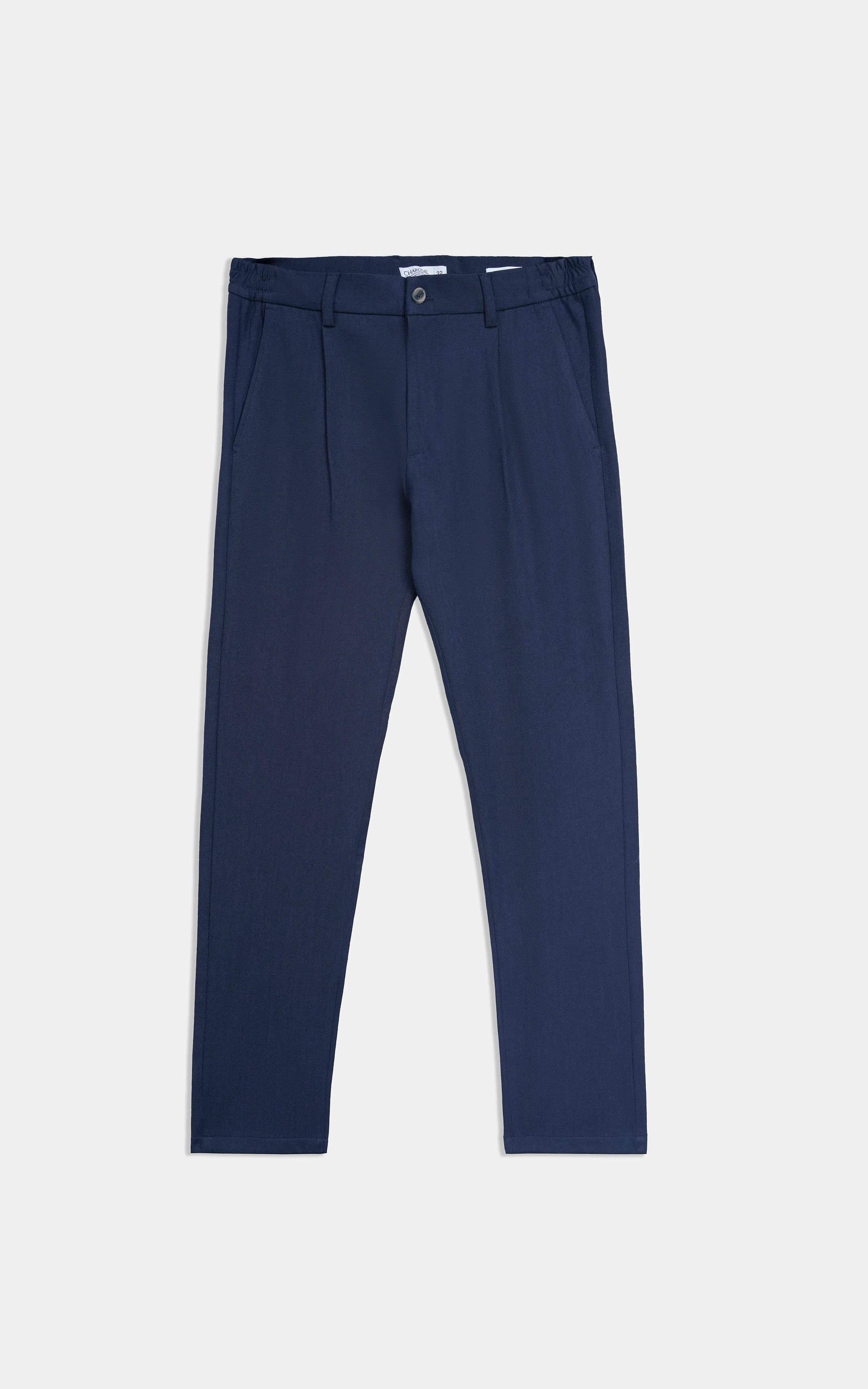Blue straight-leg casual pants, flat lay with waistband and belt loops