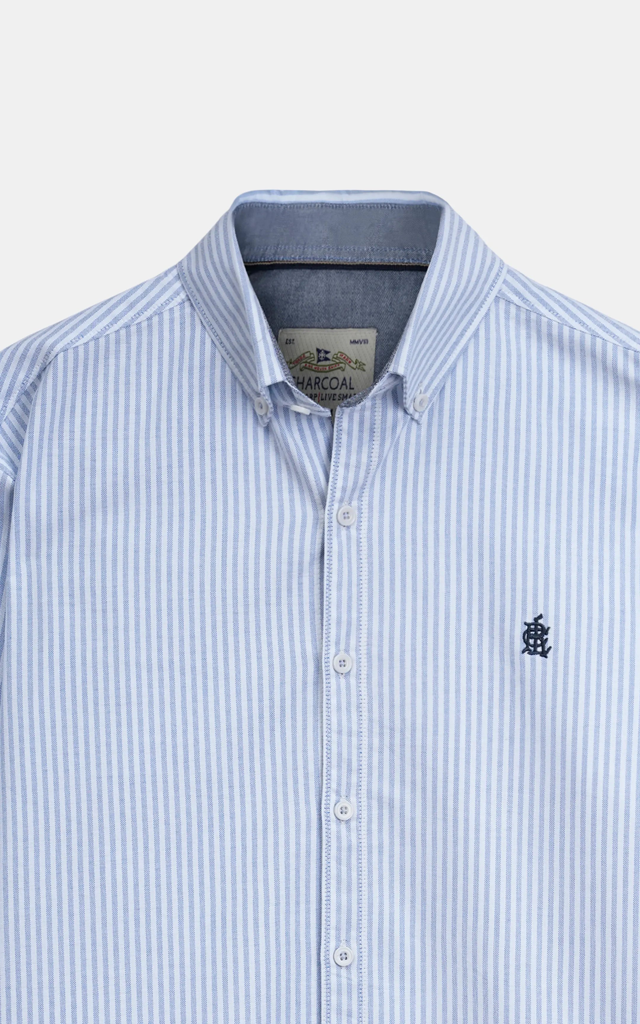 Men's button-down striped shirt with banded collar and chest logo