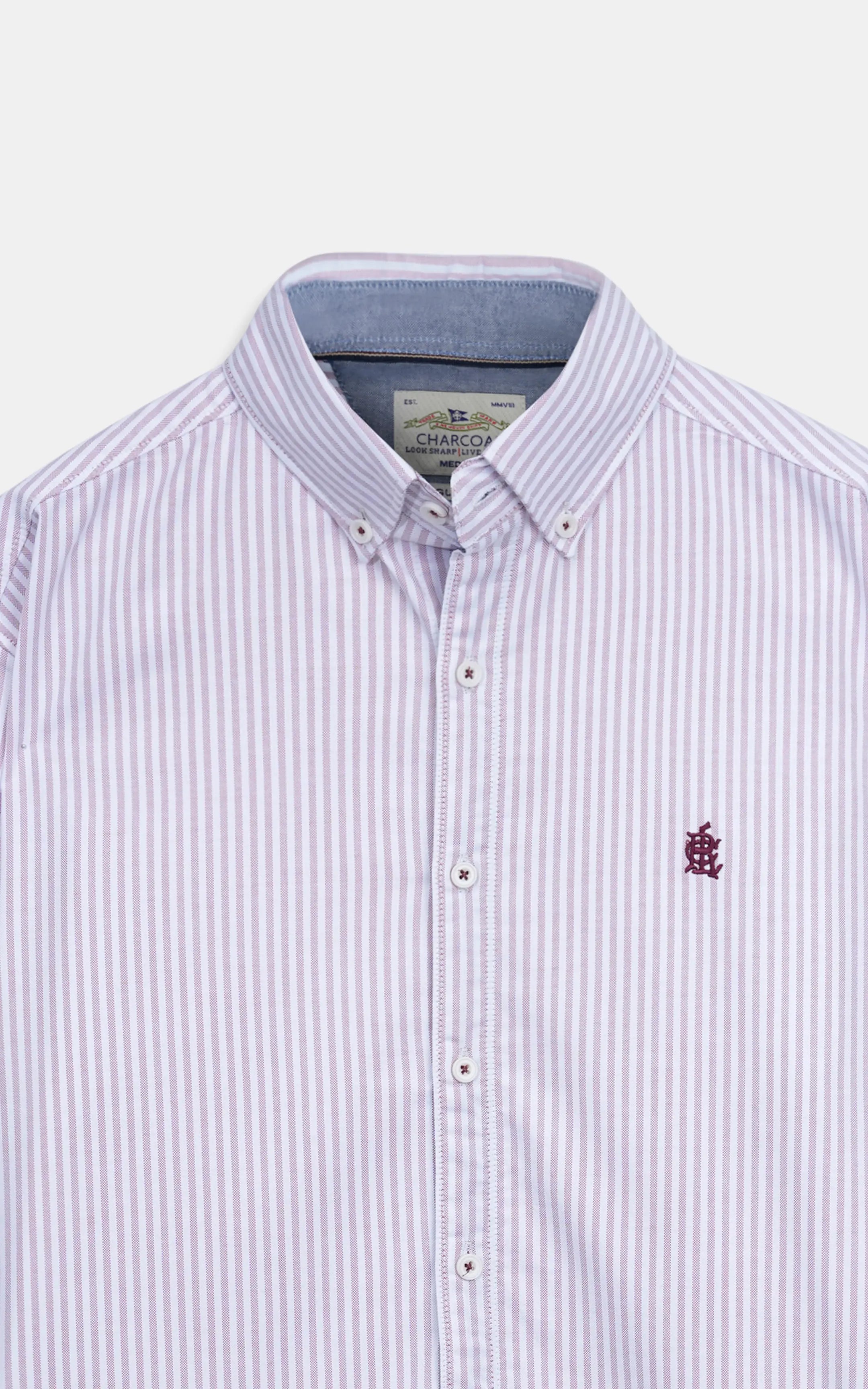Pink striped button-down shirt collar and button placket with chest logo