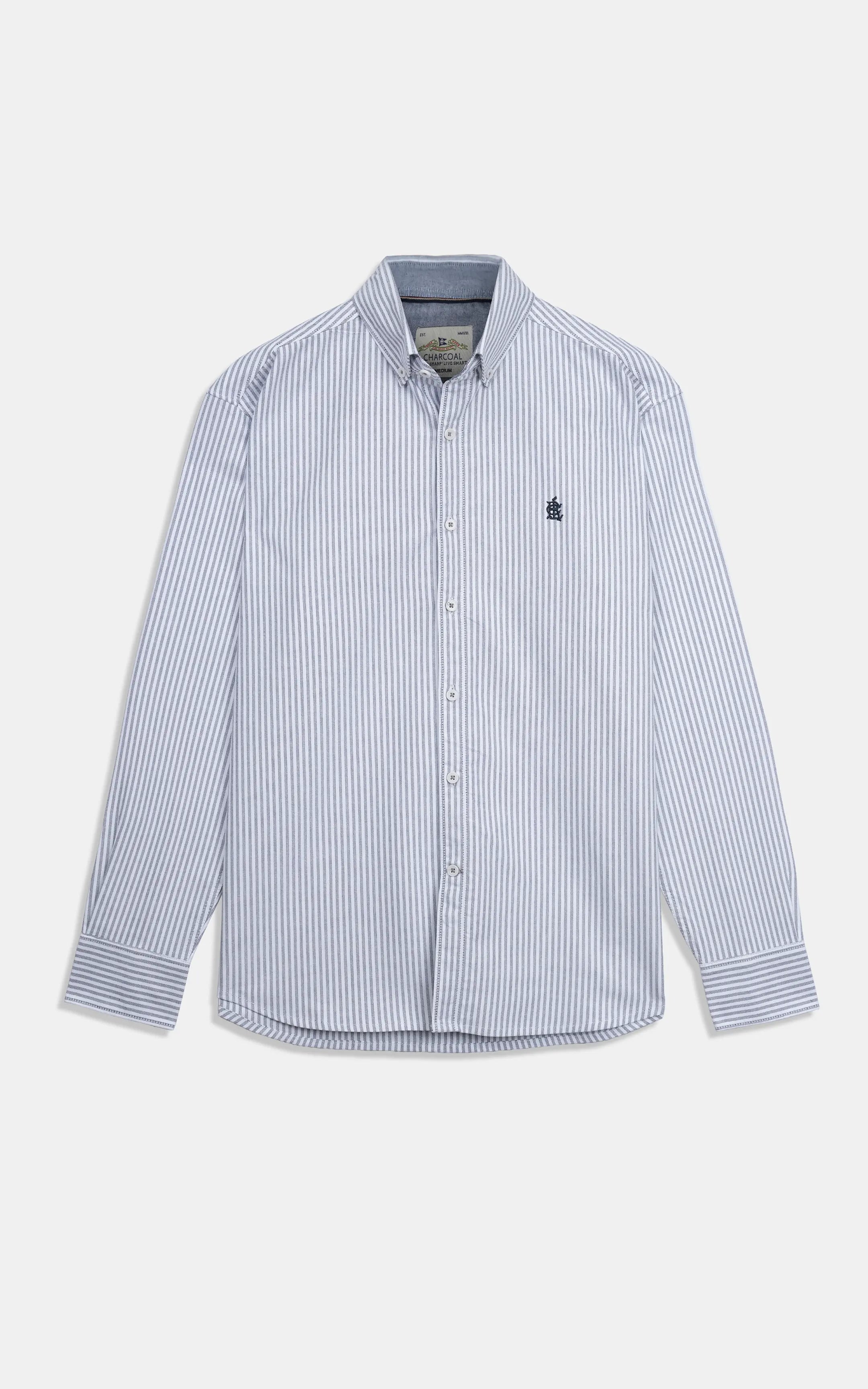 Men's button-down striped casual shirt, light blue and white vertical stripes, front