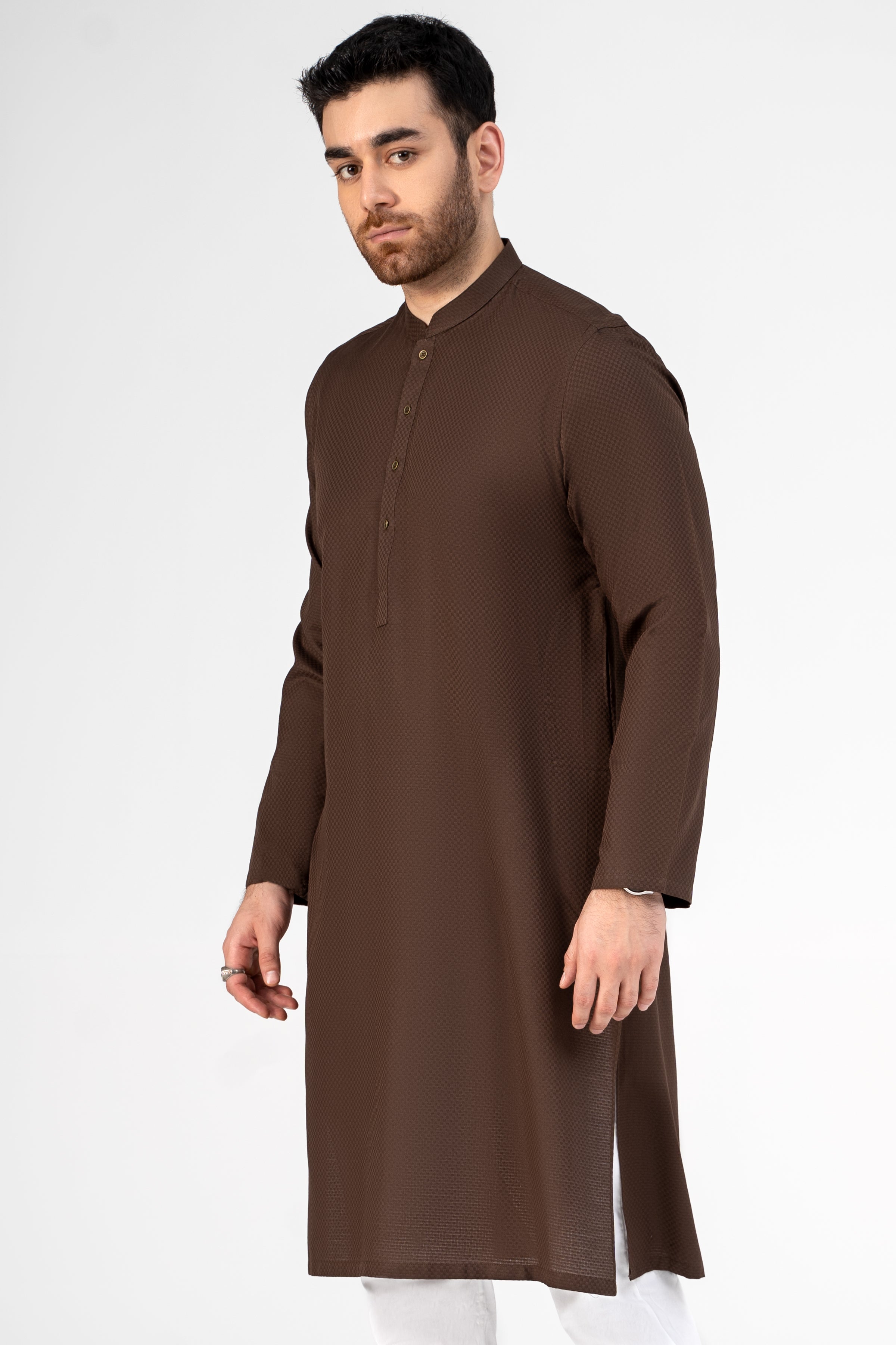 SELF DOBBY KURTA DARK BROWN