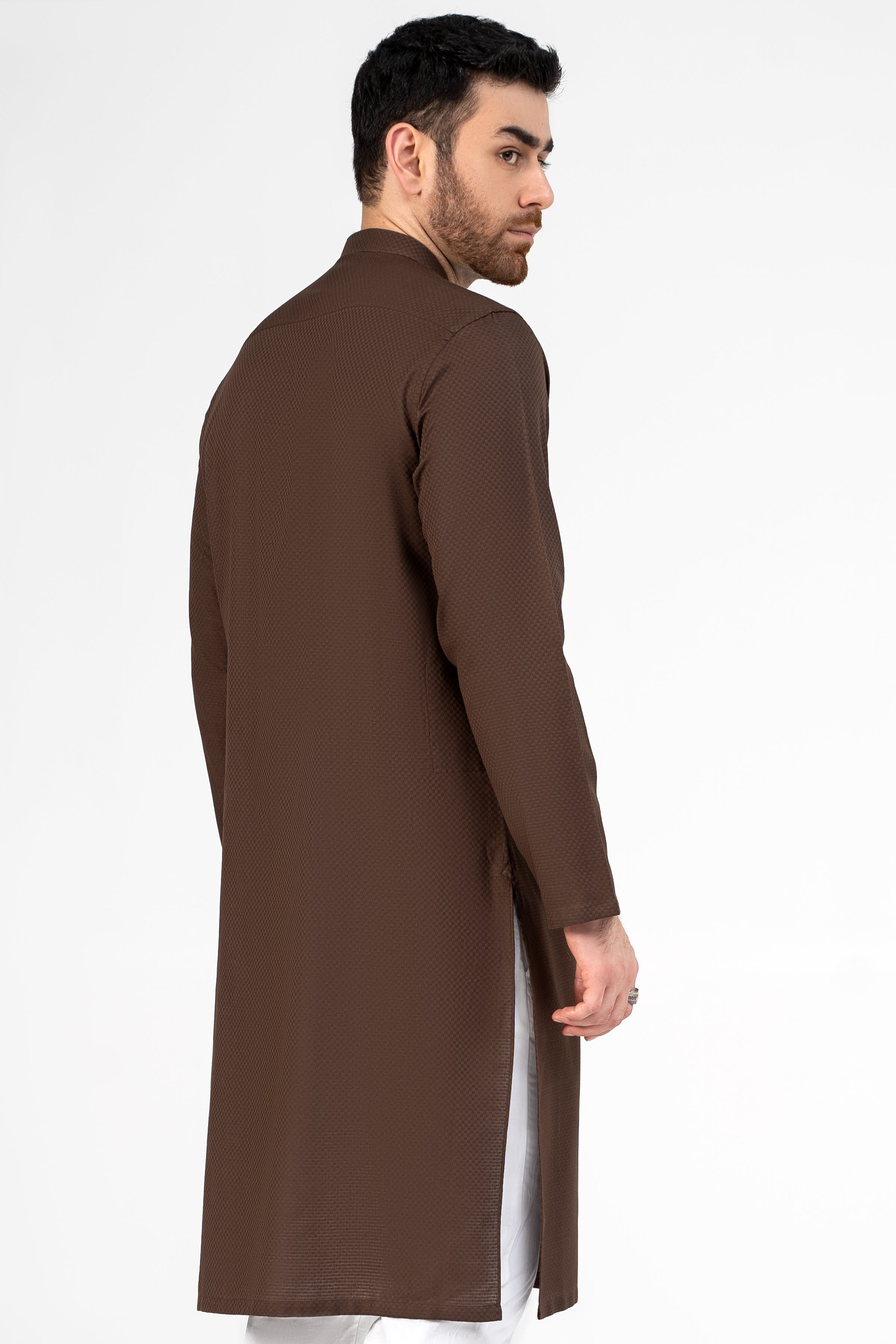 SELF DOBBY KURTA DARK BROWN