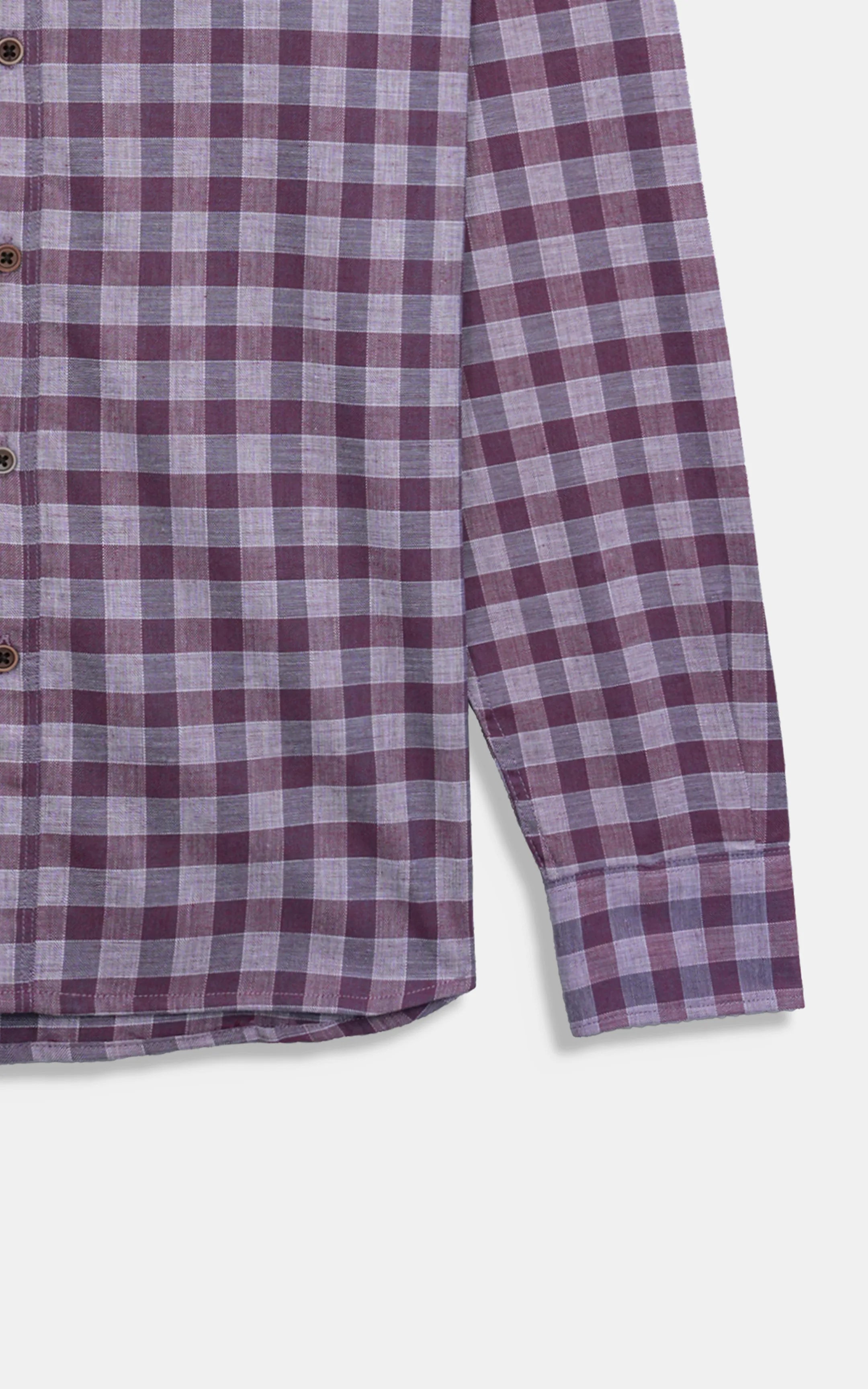 Burgundy checkered casual button-down shirt sleeve and side seam detail