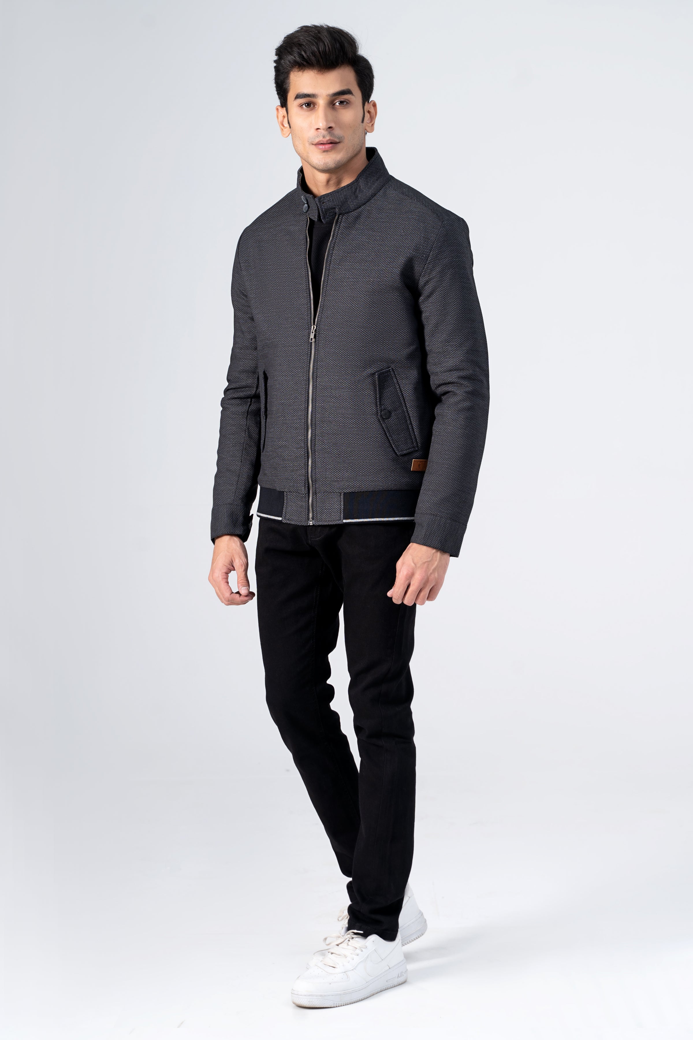 Textured ban collar jacket in dark, full-zip with stand collar and side pockets