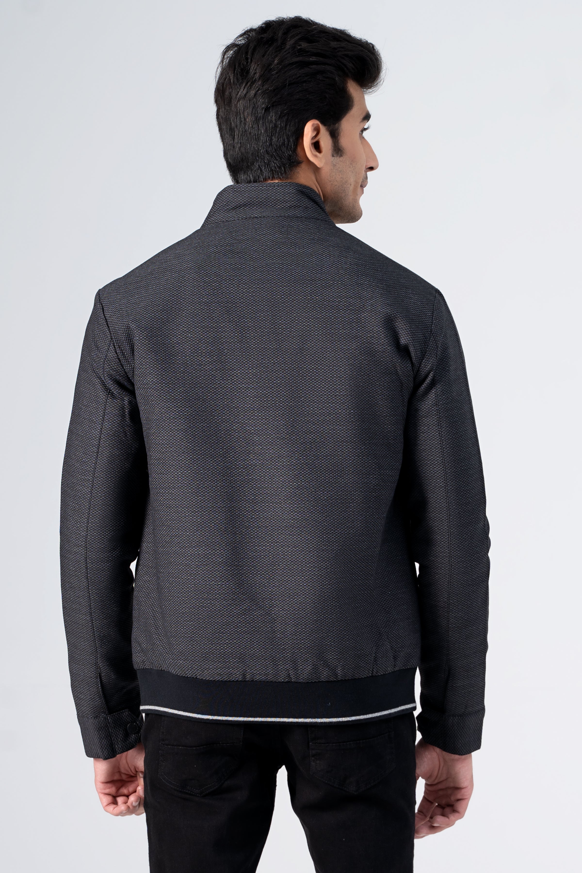 Textured ban collar jacket in dark, back view with full-zip and stand collar