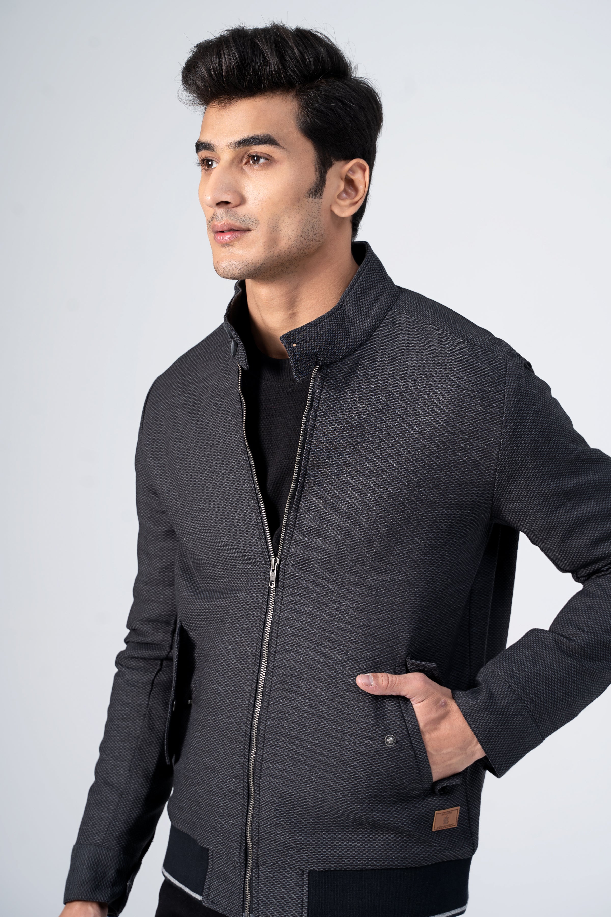 Textured ban collar jacket in dark, front view with full-zip, stand collar, chest pocket