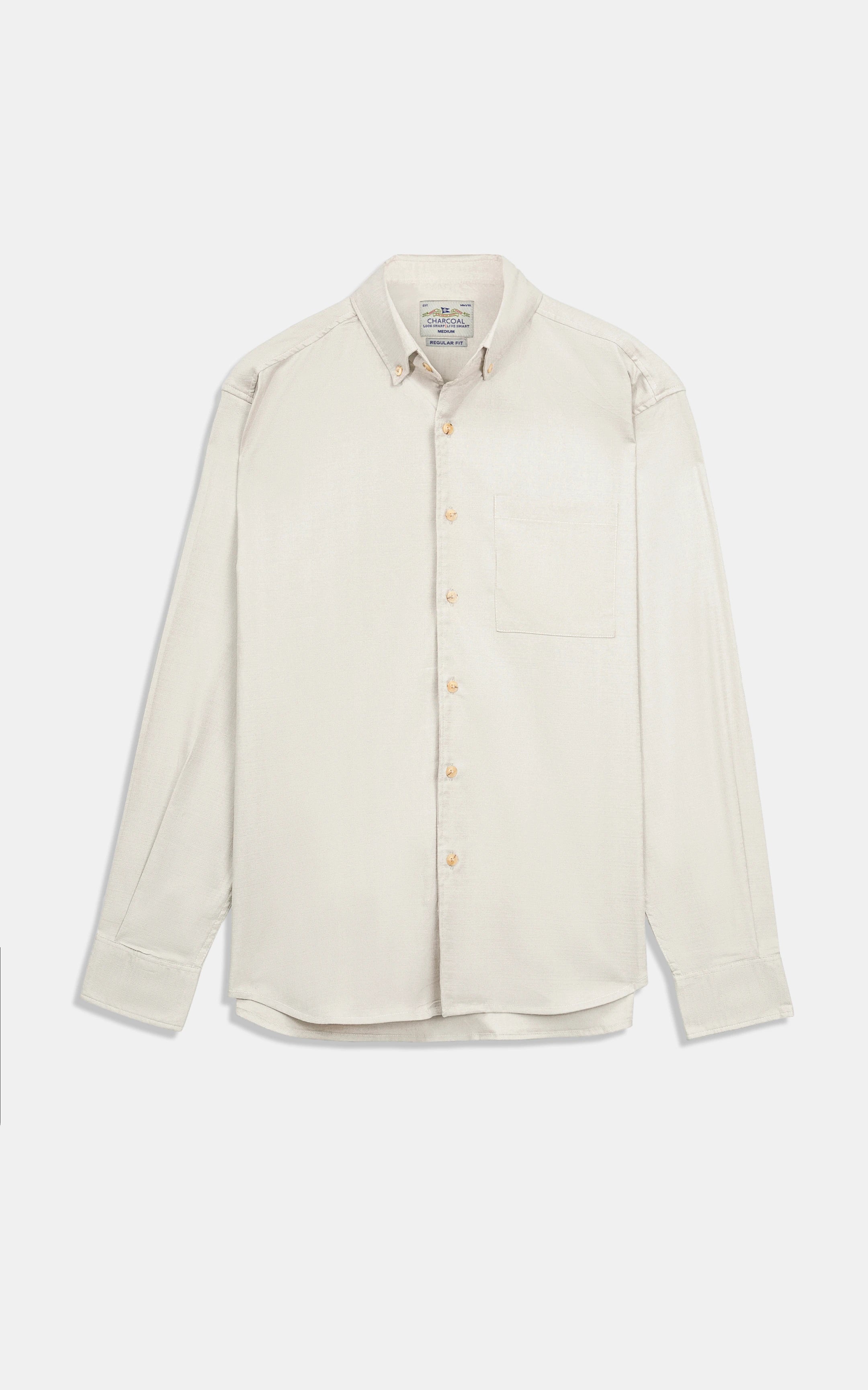 Light beige self-textured button-down casual shirt, long sleeve with front buttons