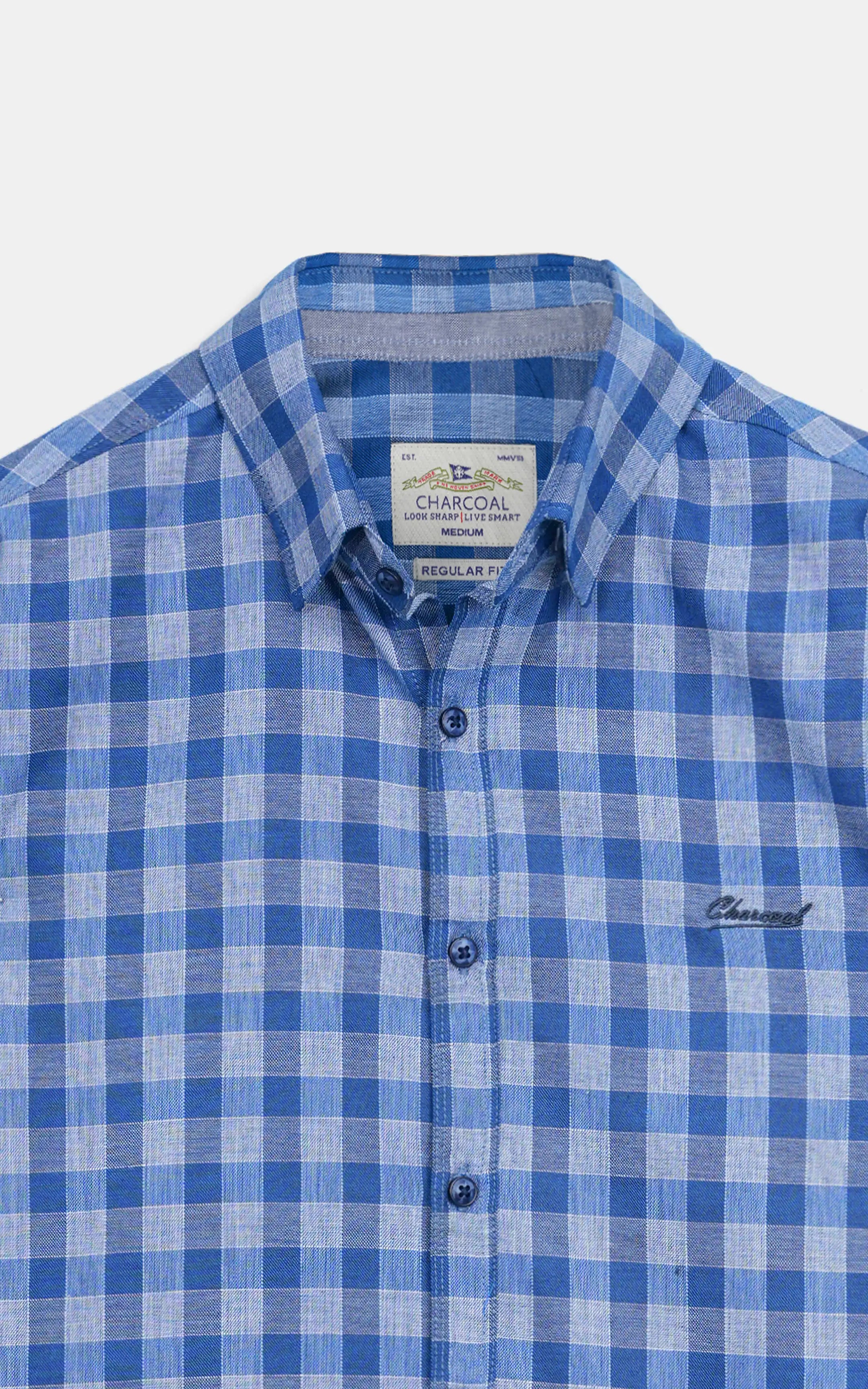 Blue and white checkered button-down shirt collar with button placket detail