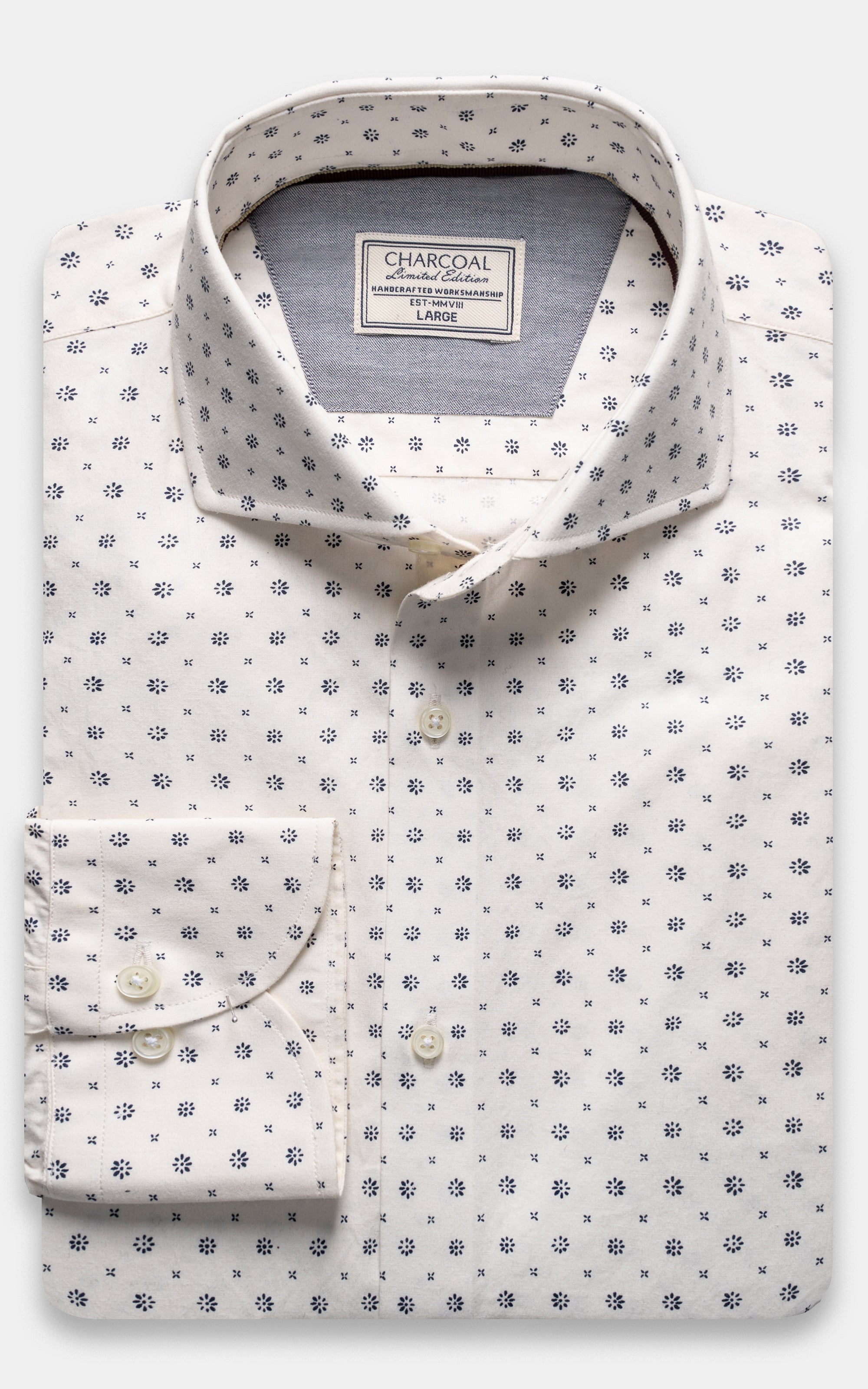 White dress shirt with navy micro floral pattern, short placket and pocket