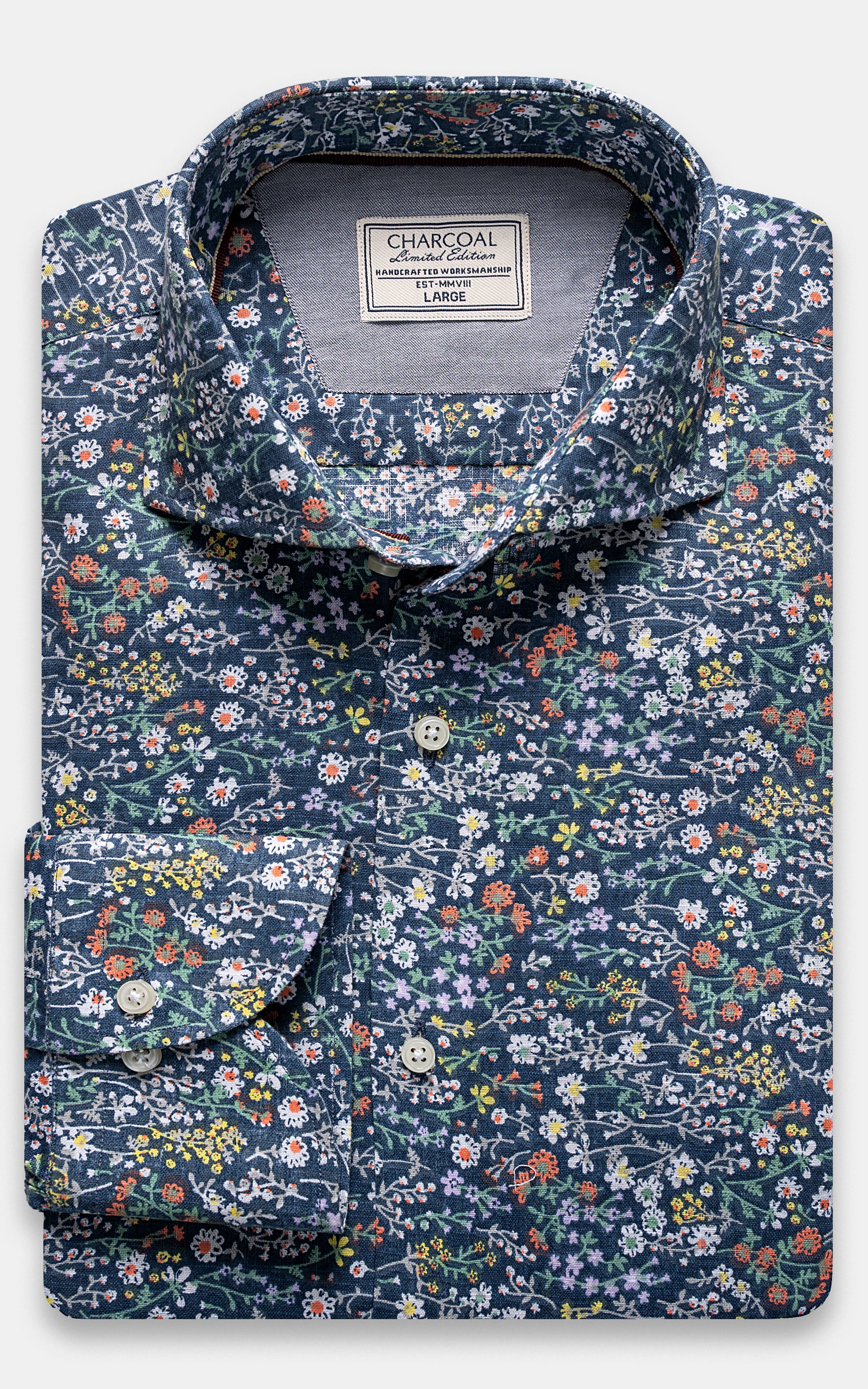 Forest green floral button-front shirt with spread collar and chest label