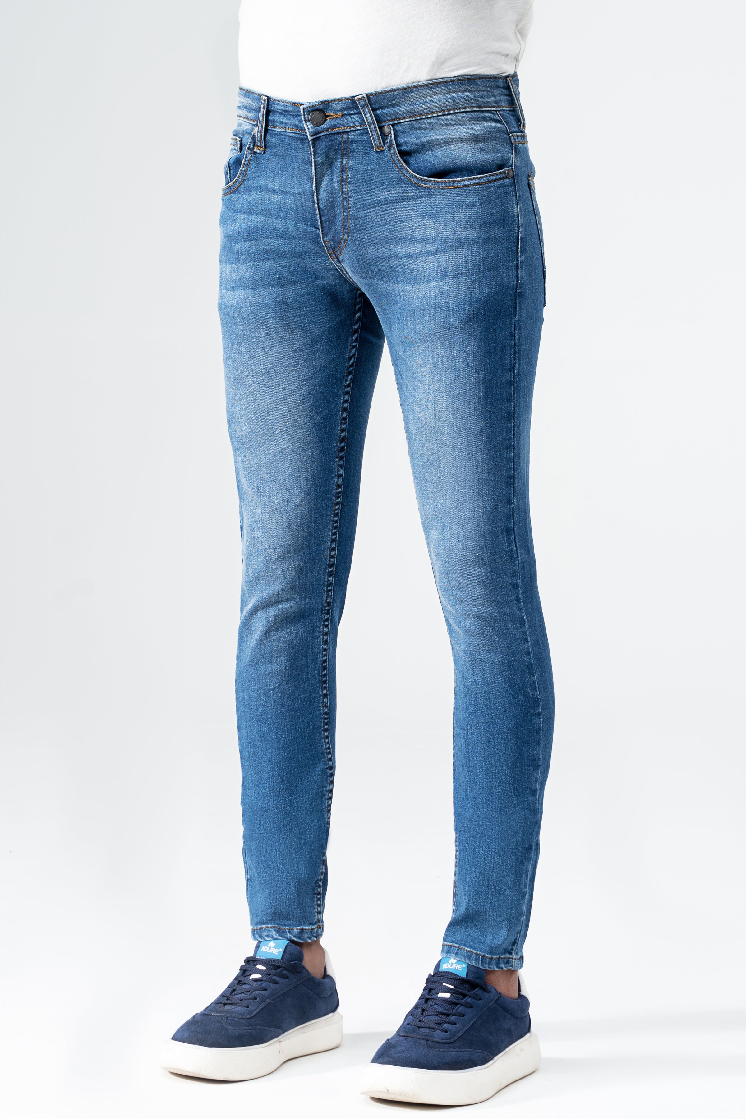 Mid blue slim leg denim jeans, five-pocket style with belt loops and whiskering