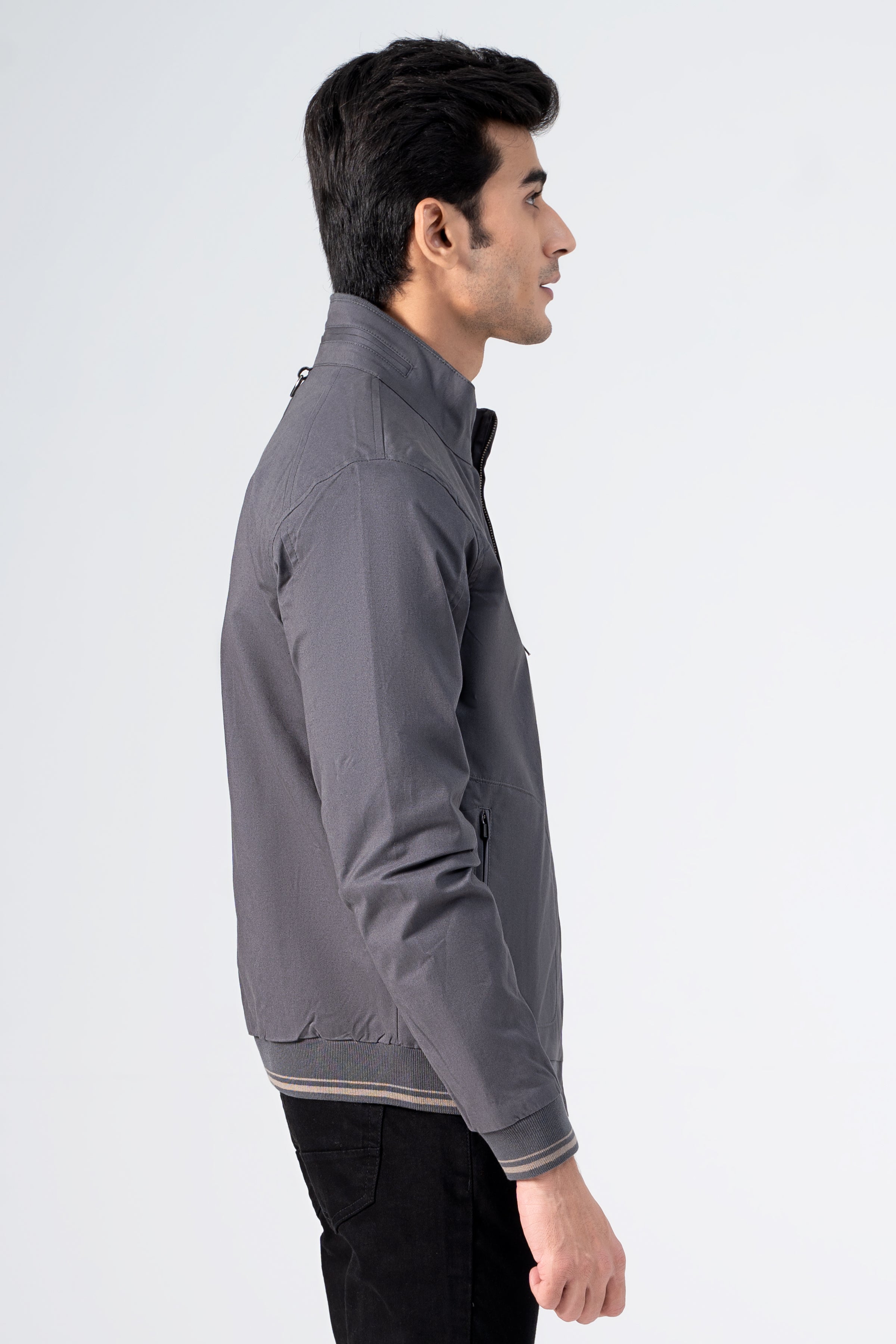 Grey cotton jacket with zip front, stand collar and long sleeves