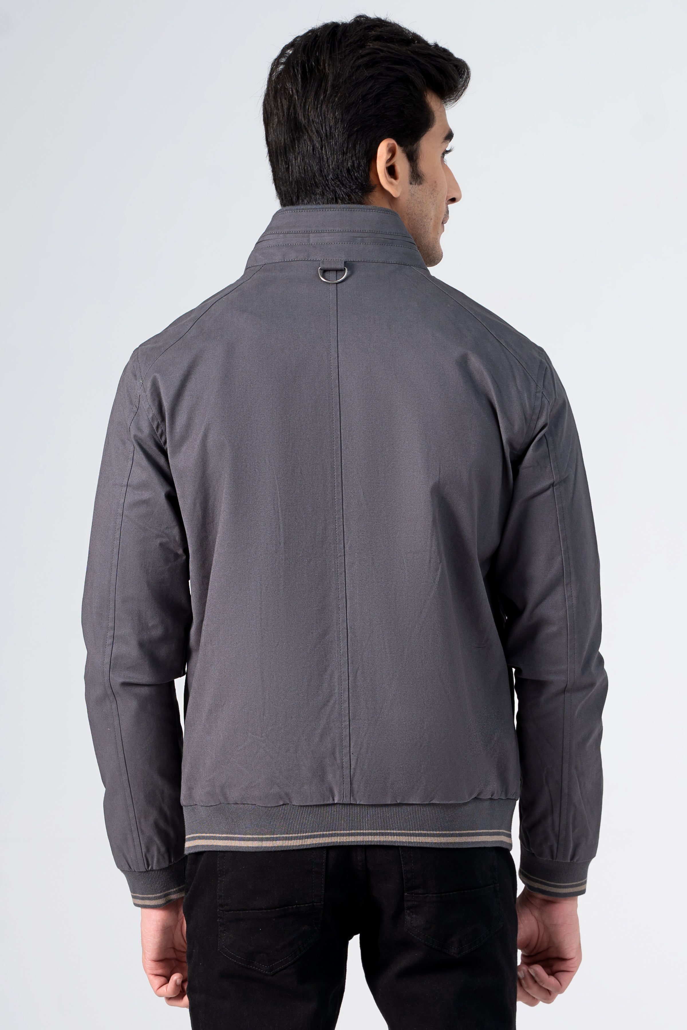 Grey cotton jacket back view with zip front, stand collar and ribbed hem