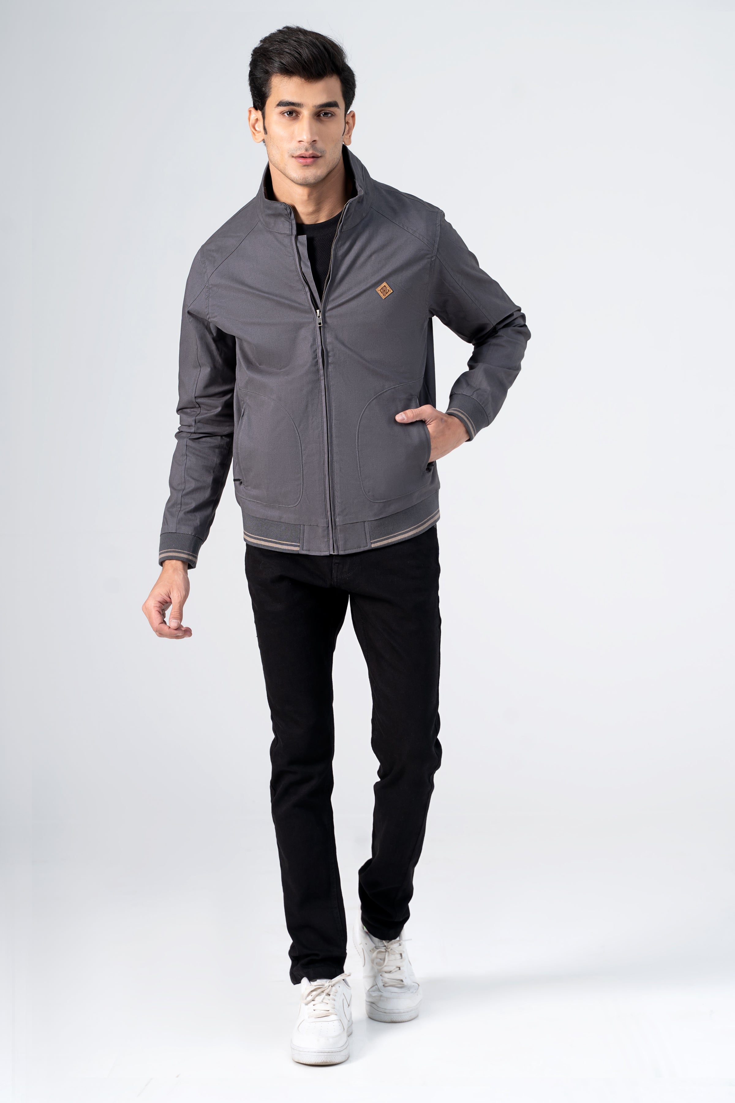 Grey cotton jacket with zip front, stand collar and side pockets