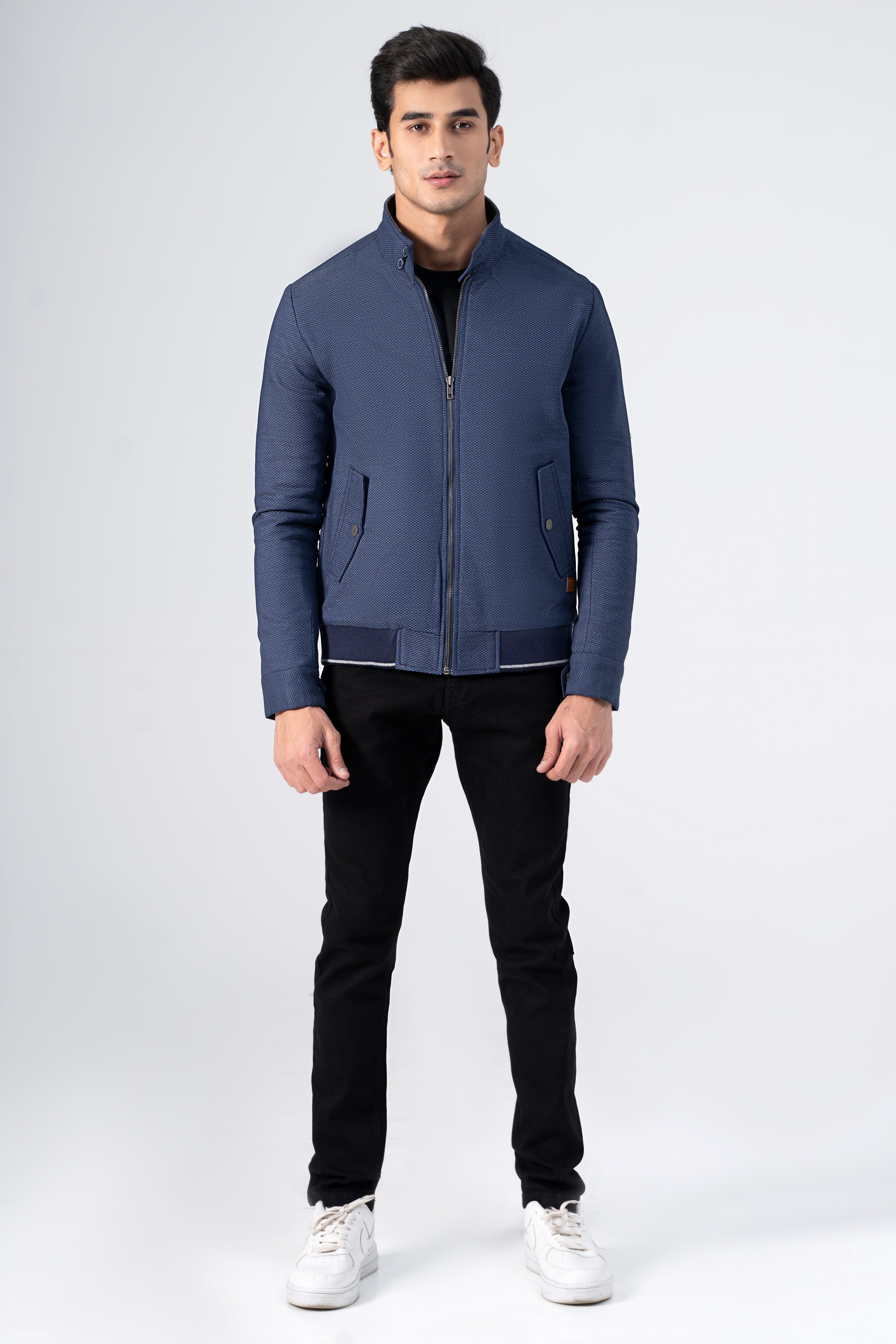 Navy textured zip-up jacket with stand collar, contrast hem, zip front and pockets