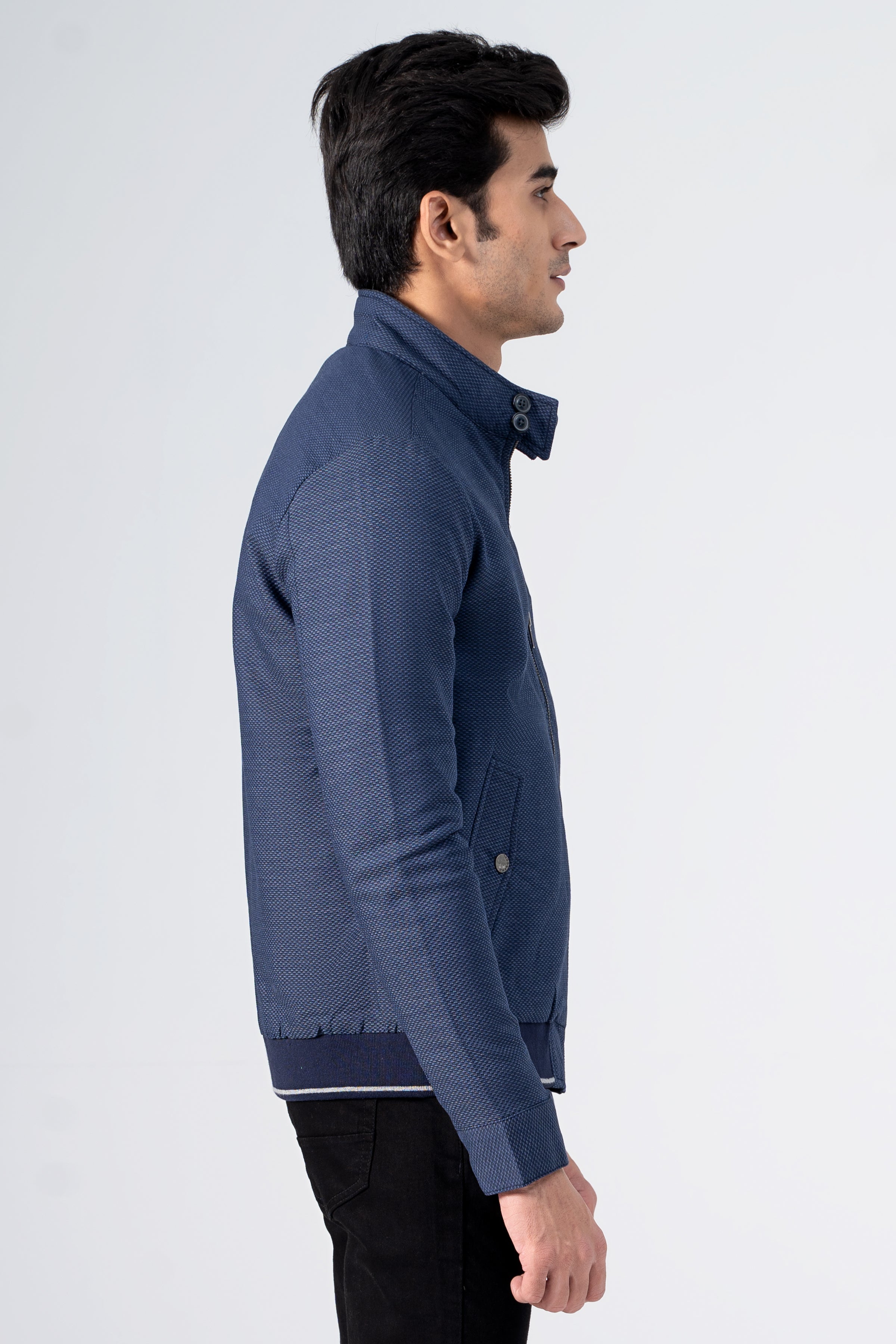 Textured Ban Collar Tipping Jacket Navy