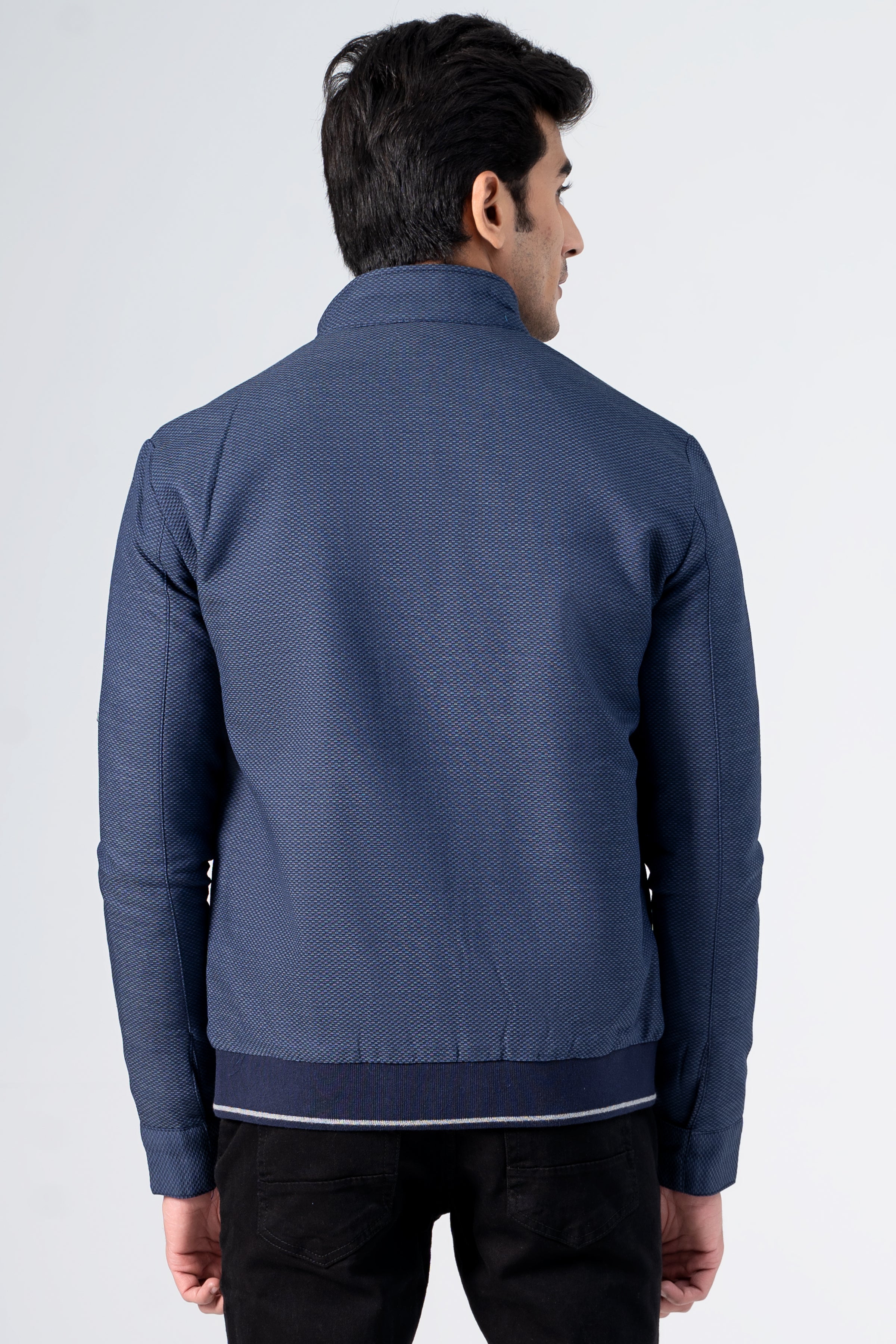 Textured Ban Collar Tipping Jacket Navy