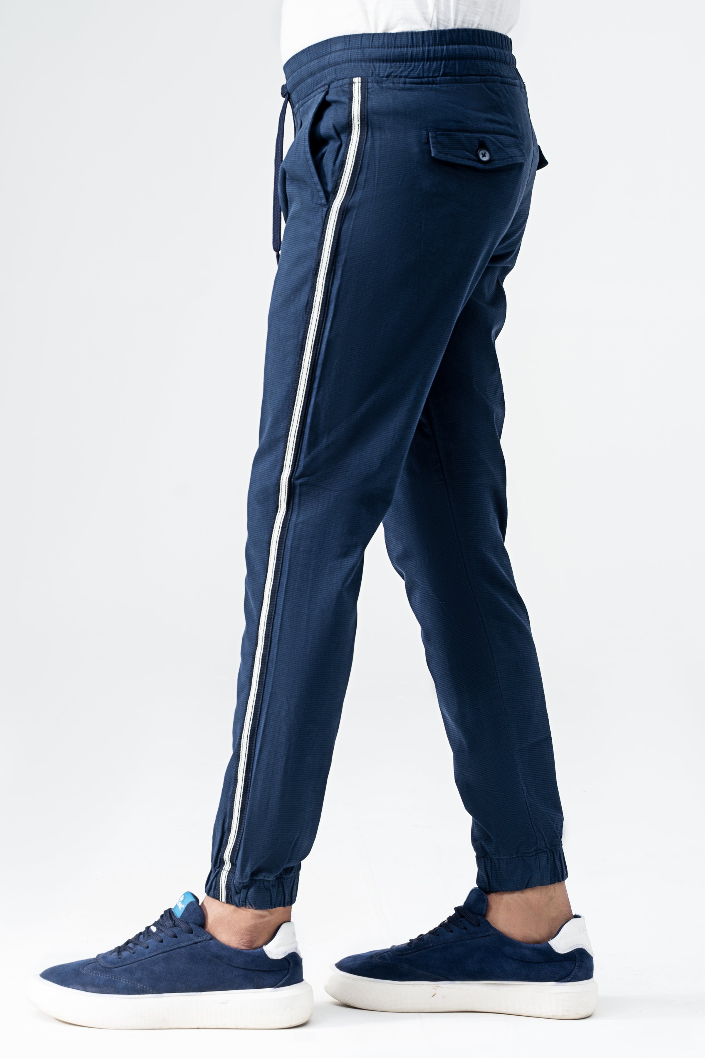 SELF TEXTURED CONTRAST TAPE TROUSER NAVY BLUE