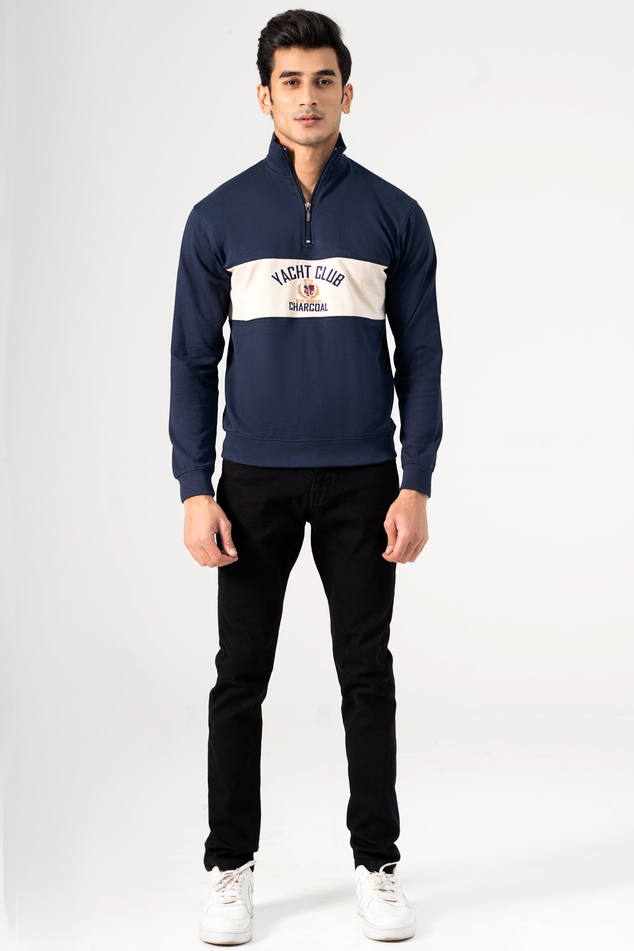 Navy mock neck sweatshirt with half-zip, white chest stripe and Yacht Club graphic