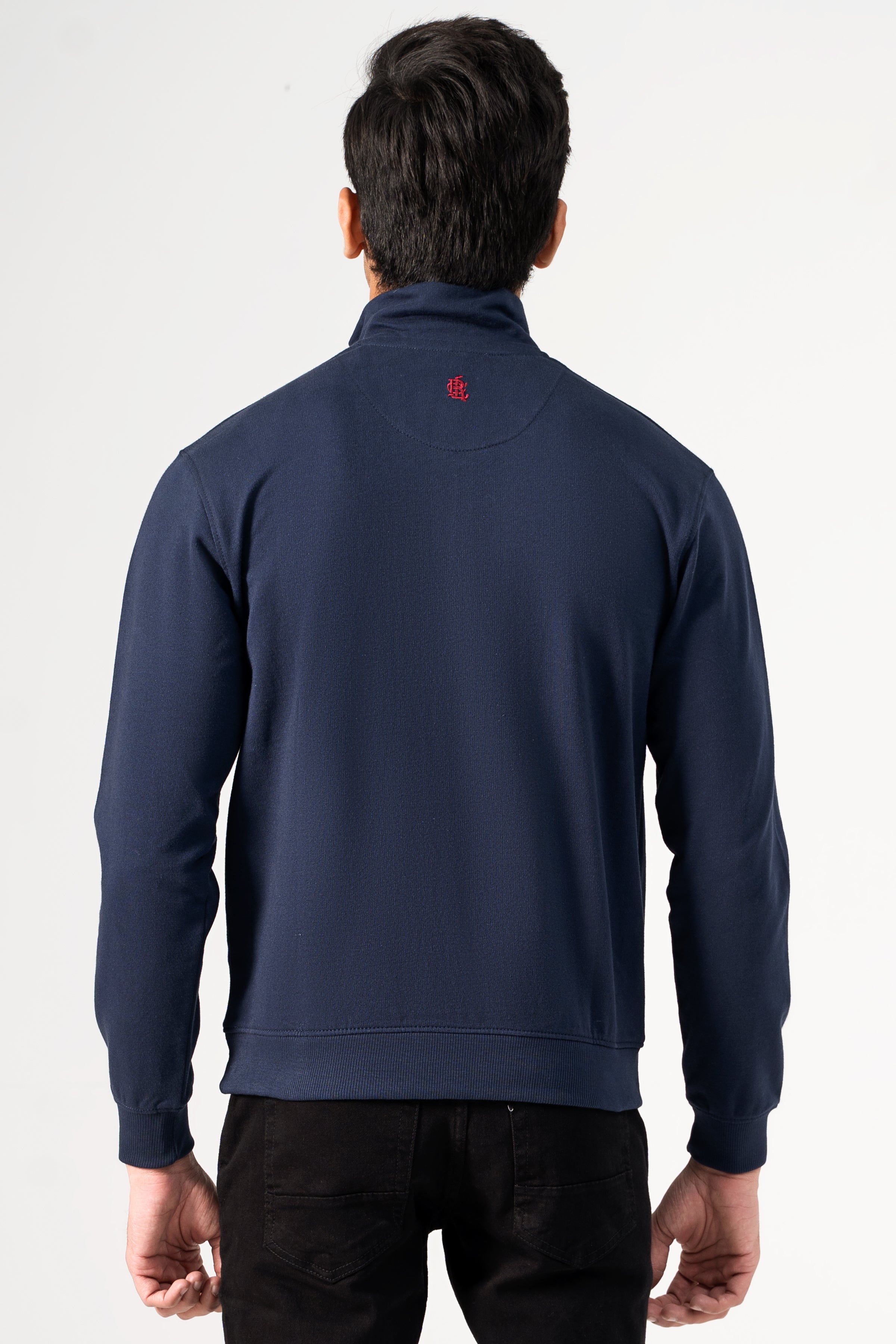 Navy mock neck sweatshirt, full back view with ribbed hem and cuffs
