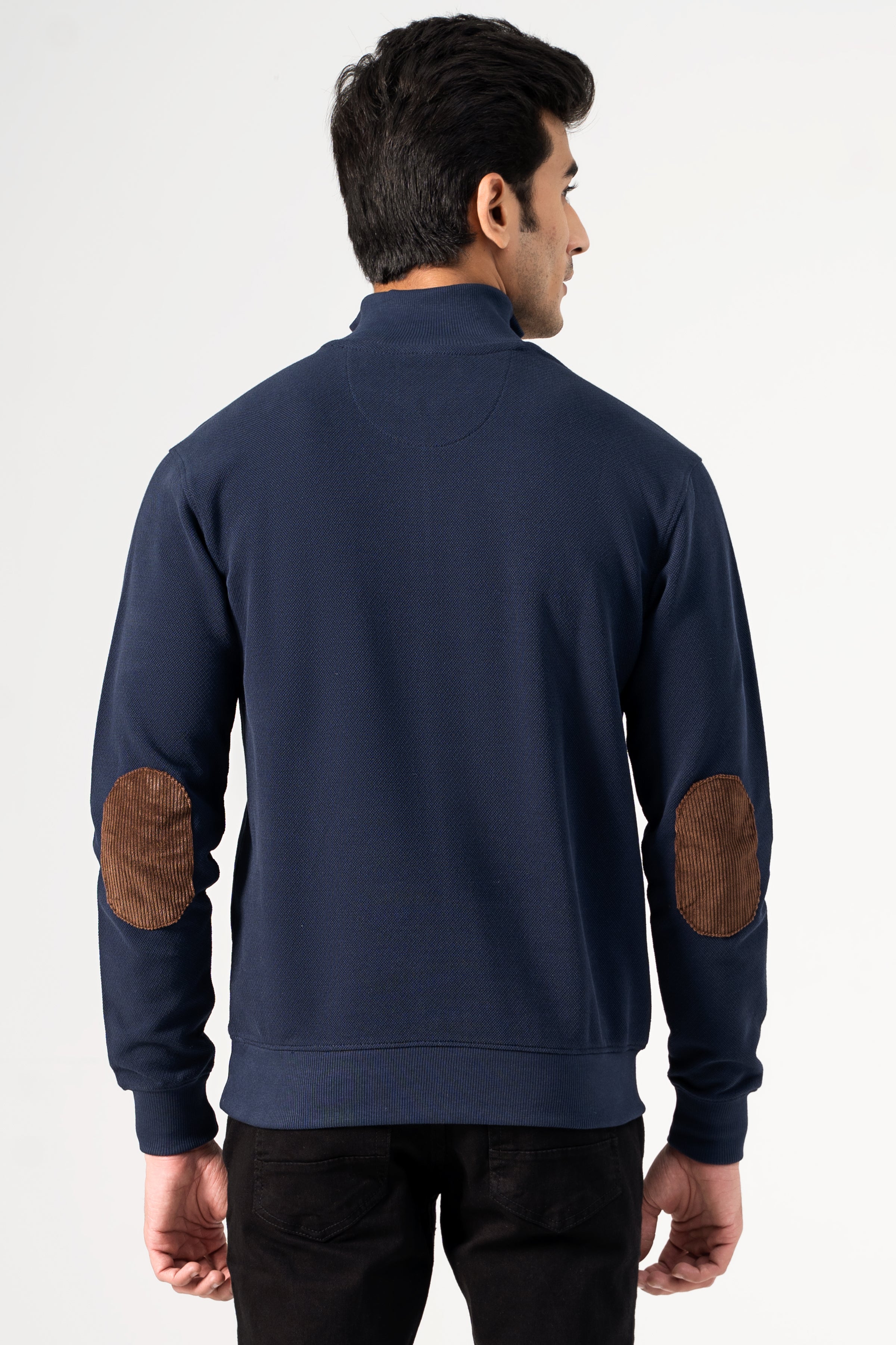 Navy mock-neck sweatshirt back view with tan elbow patches and ribbed hem