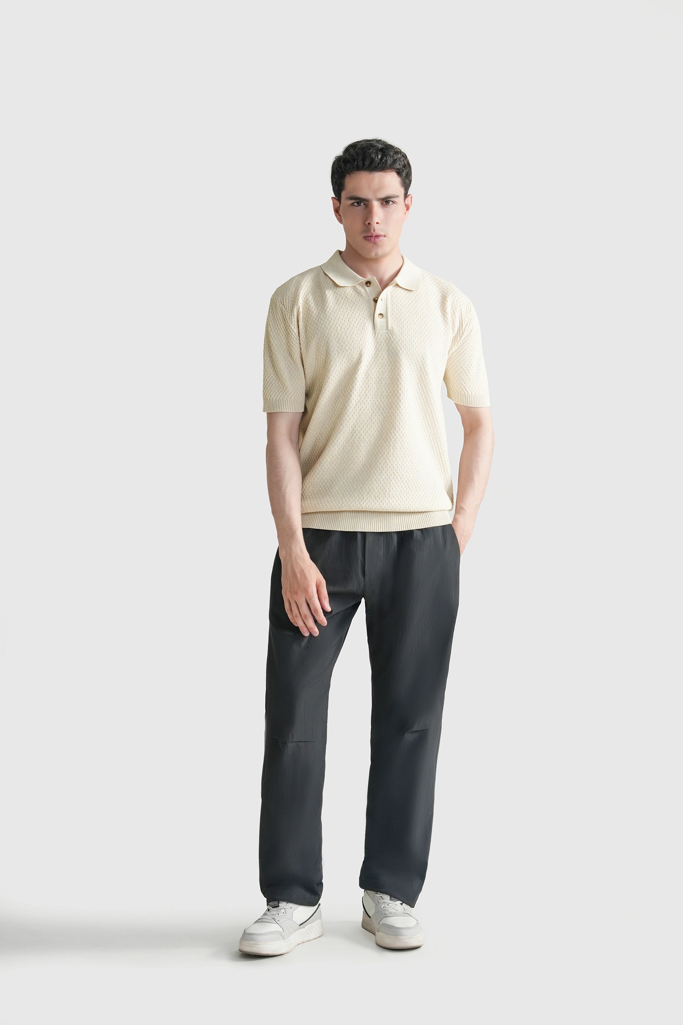 SWEATER KNIT SELF TEXTURED POLO WHITE