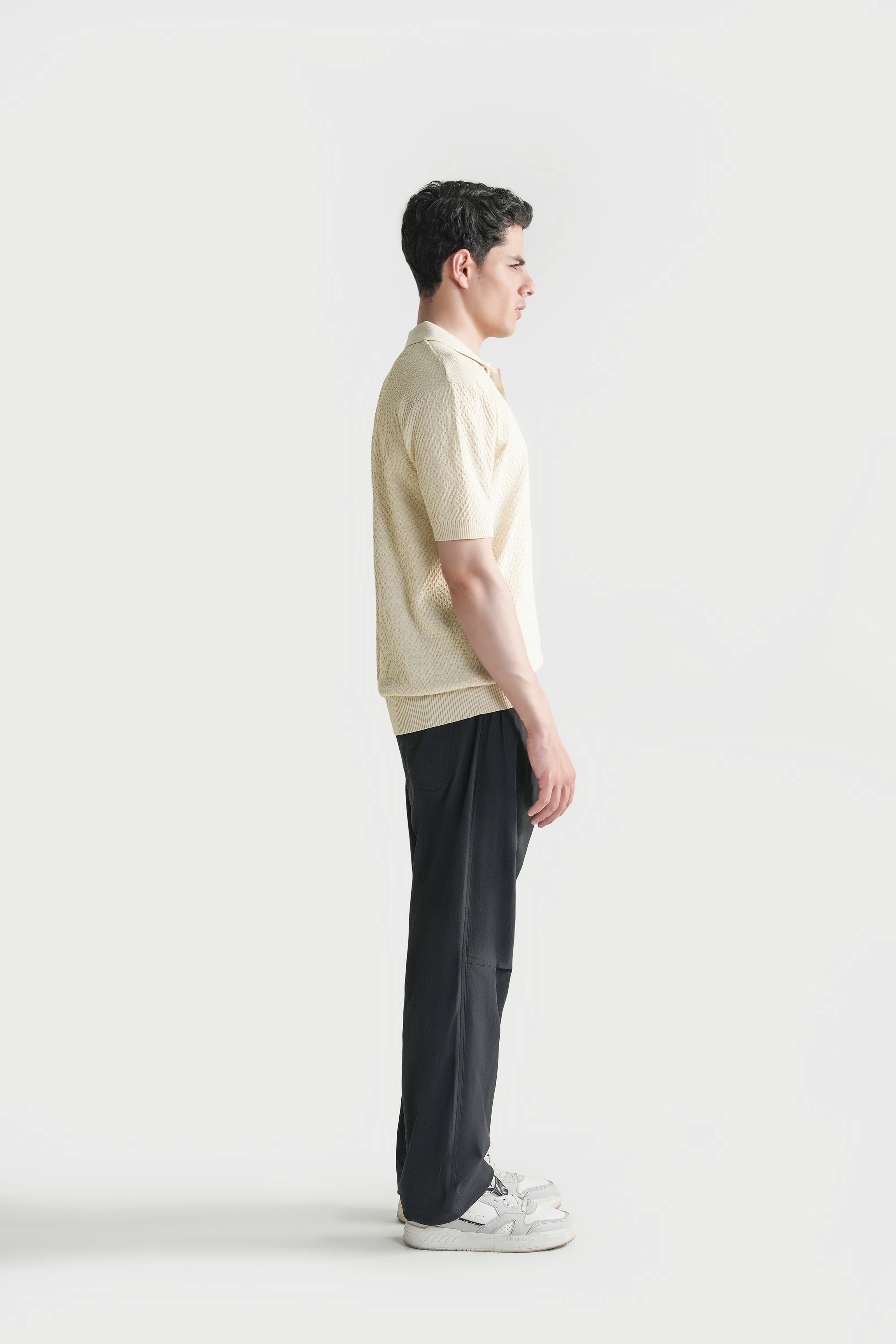SWEATER KNIT SELF TEXTURED POLO WHITE