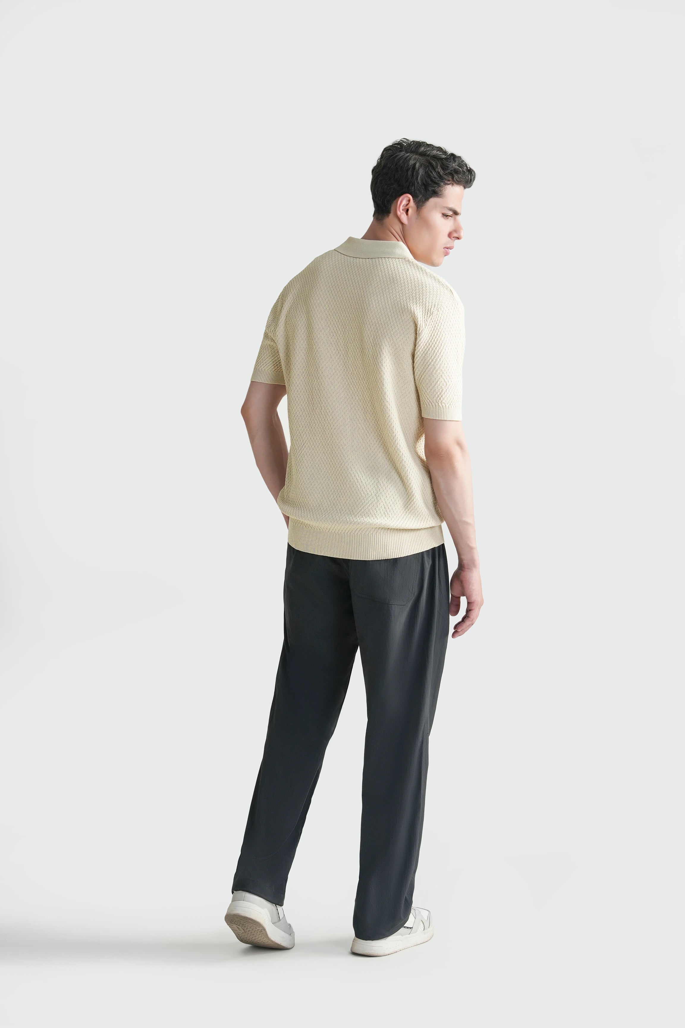 SWEATER KNIT SELF TEXTURED POLO WHITE