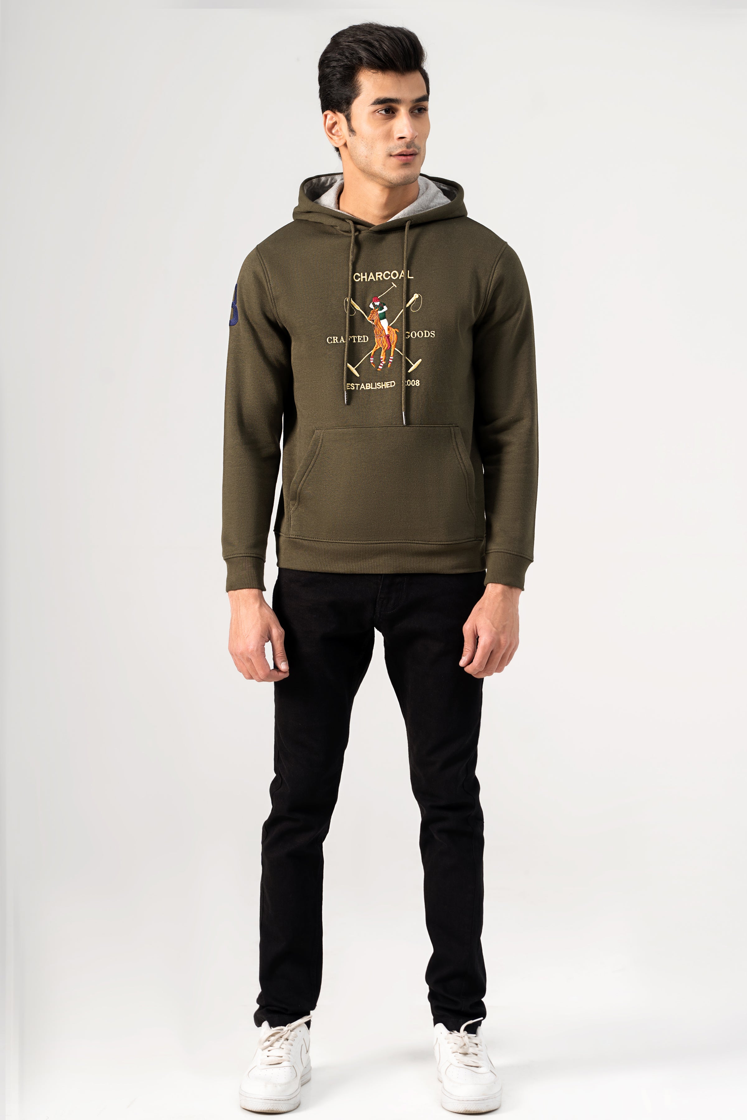 Olive hoodie with hood, drawstring, kangaroo pocket, and front graphic print