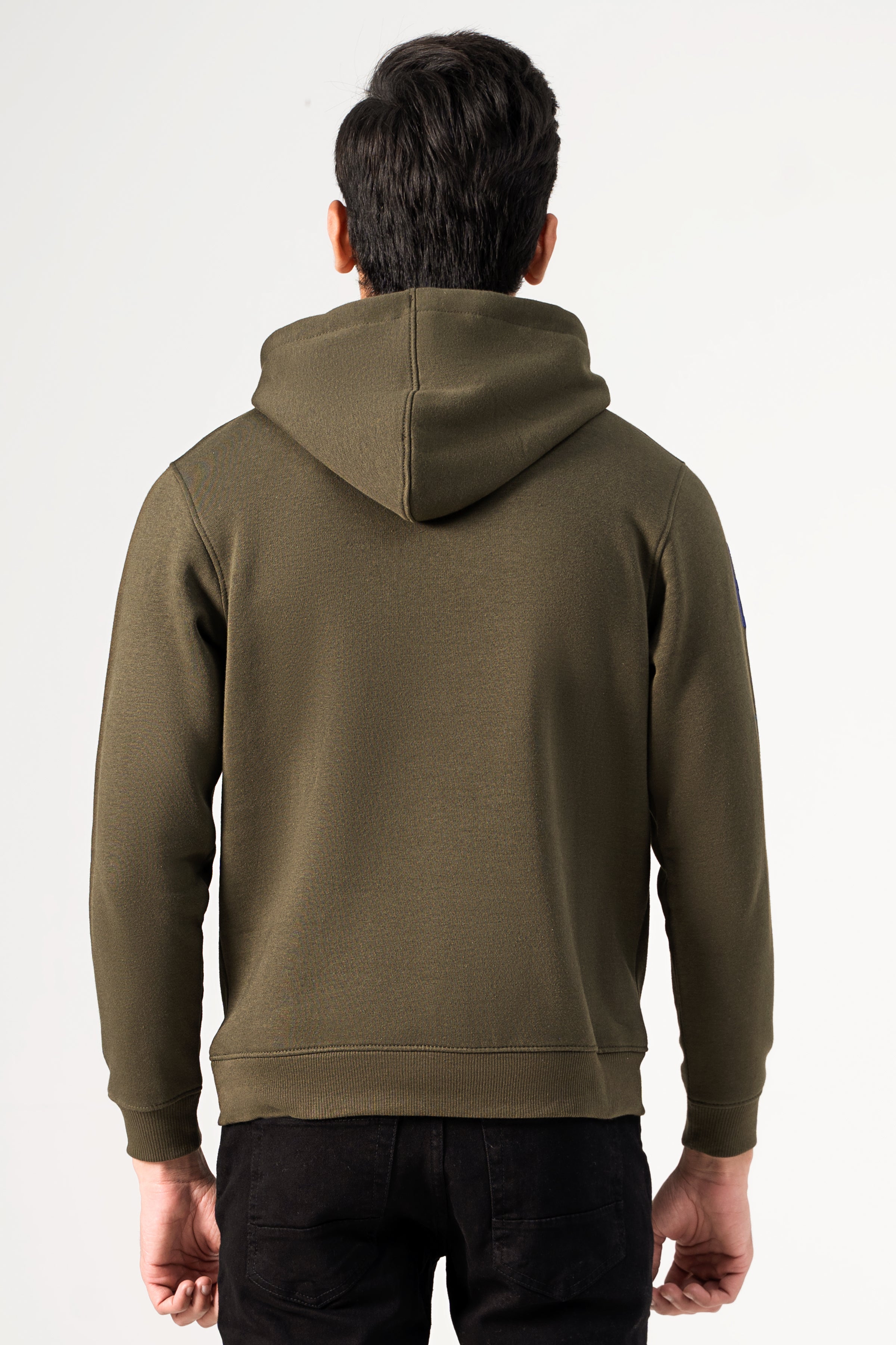 Olive hoodie back view with hood and kangaroo pocket, ribbed cuffs and hem