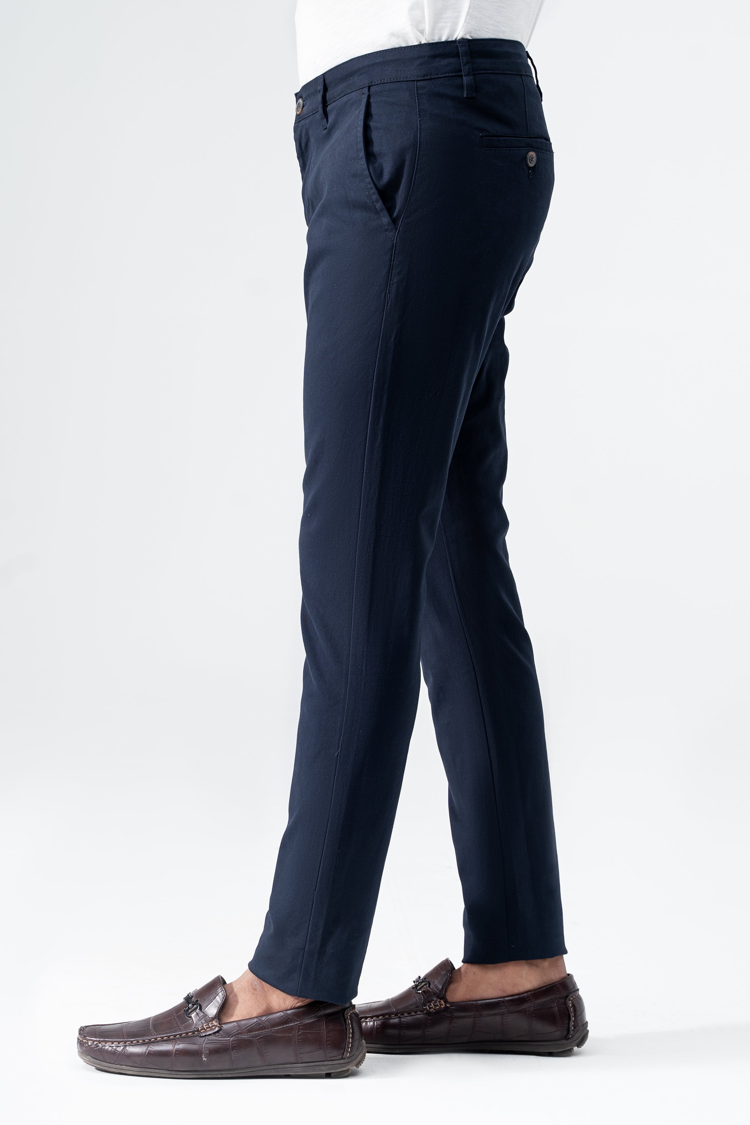 Navy slim-fit twill pants with cross pocket design, belt loops and button closure