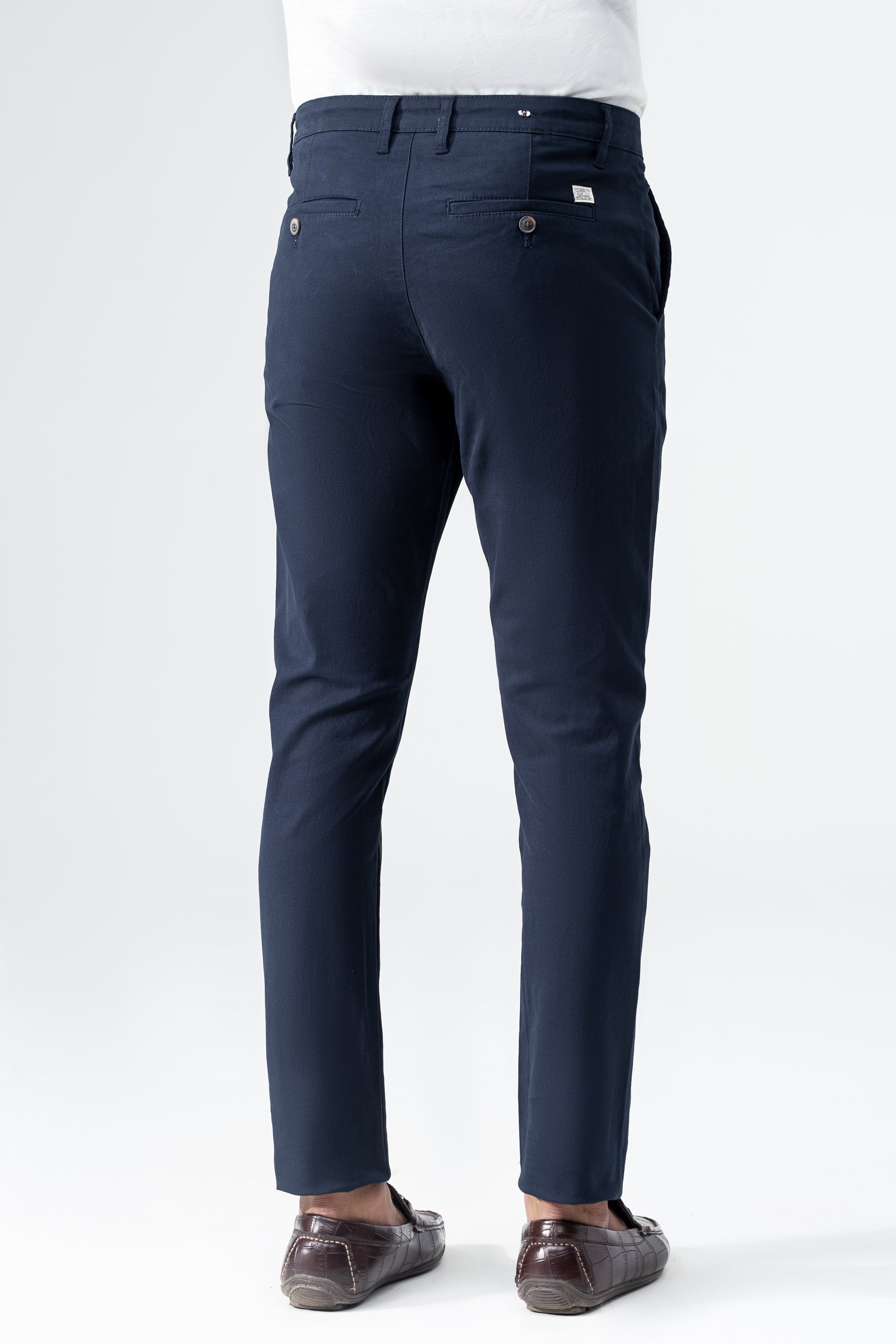 Navy slim-fit twill pants with buttoned waist and multiple front belt loops