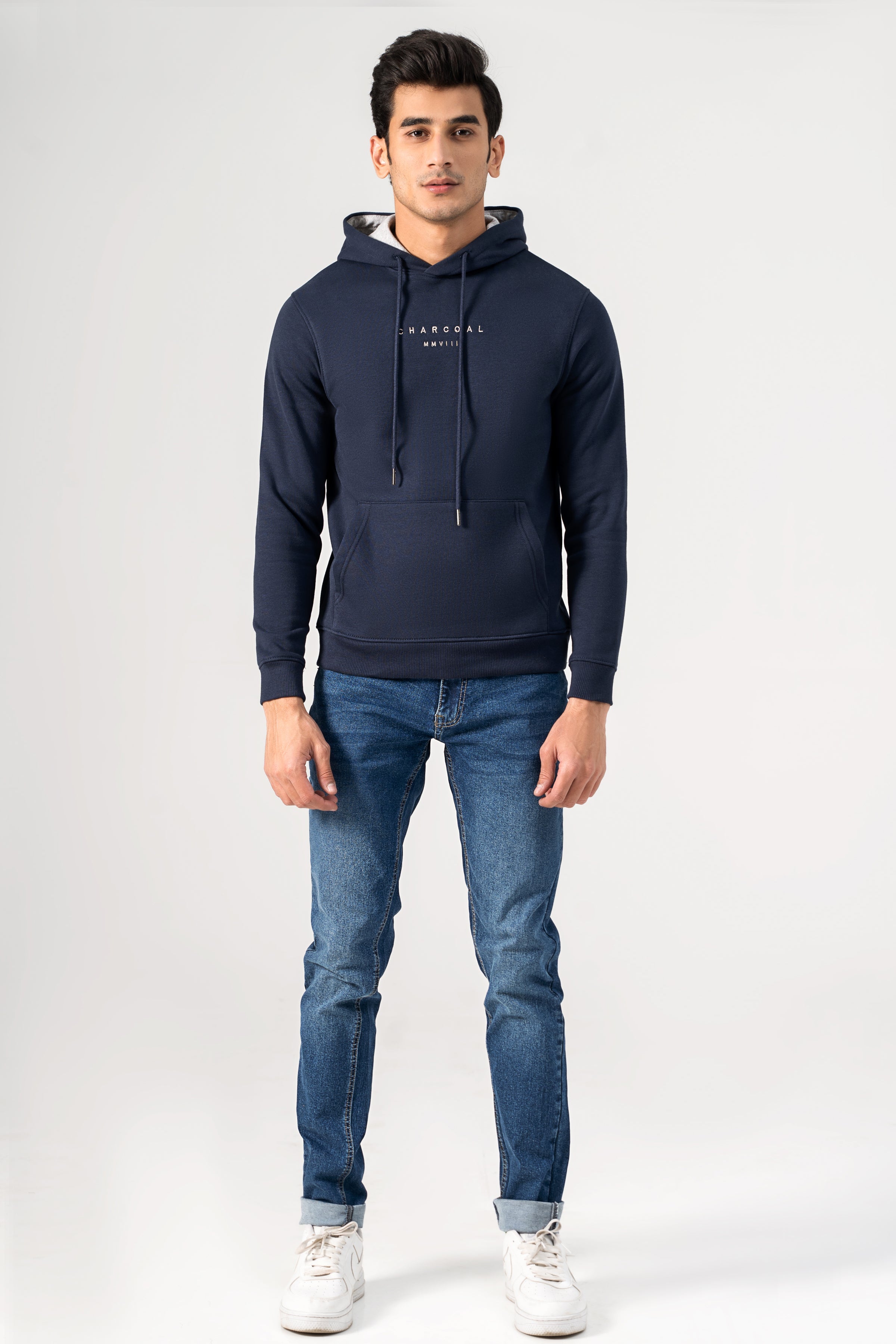 Navy classic pullover hoodie with drawstring hood and front kangaroo pocket
