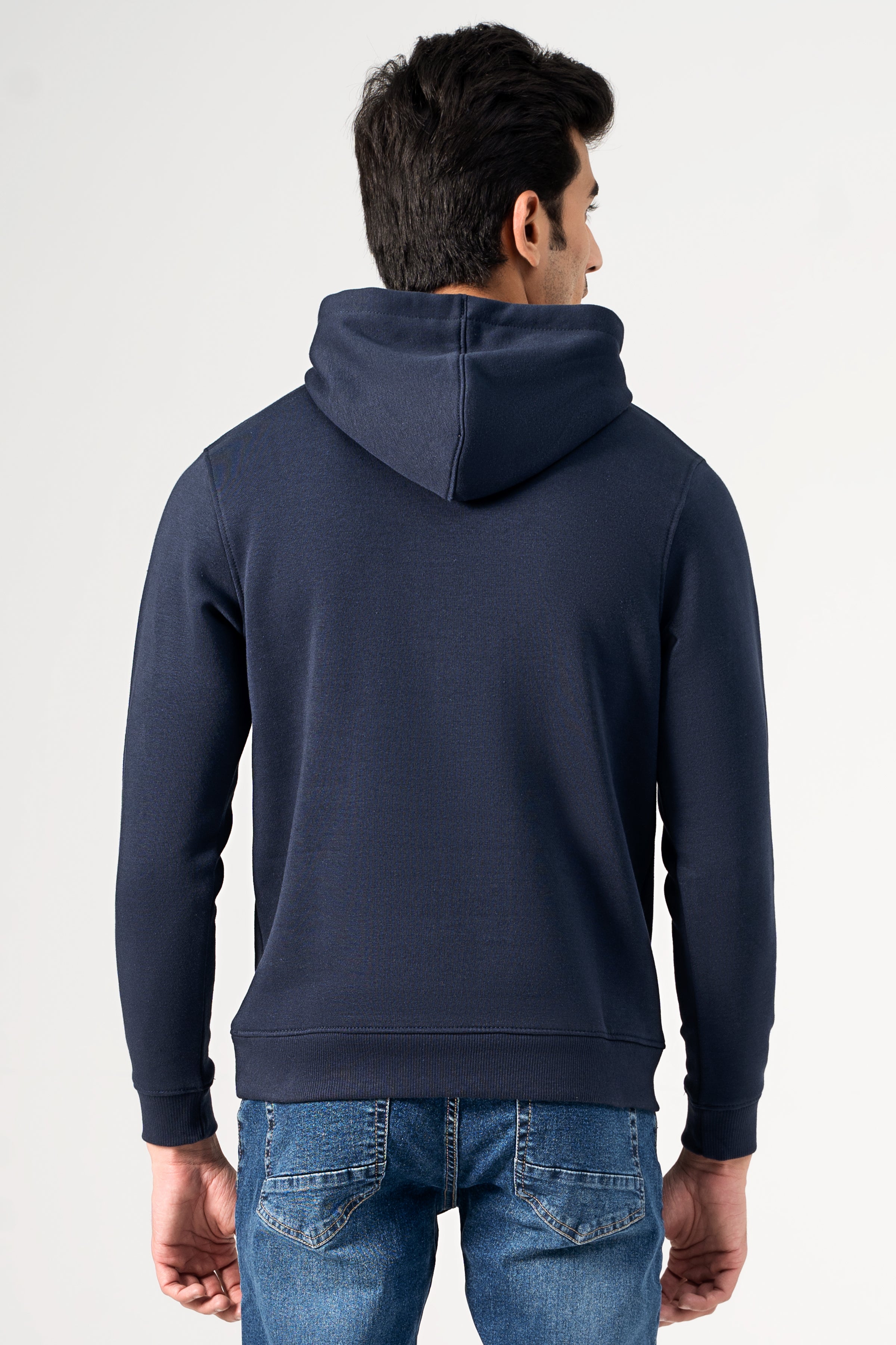 Navy hoodie with adjustable hood and kangaroo pocket, back view on model