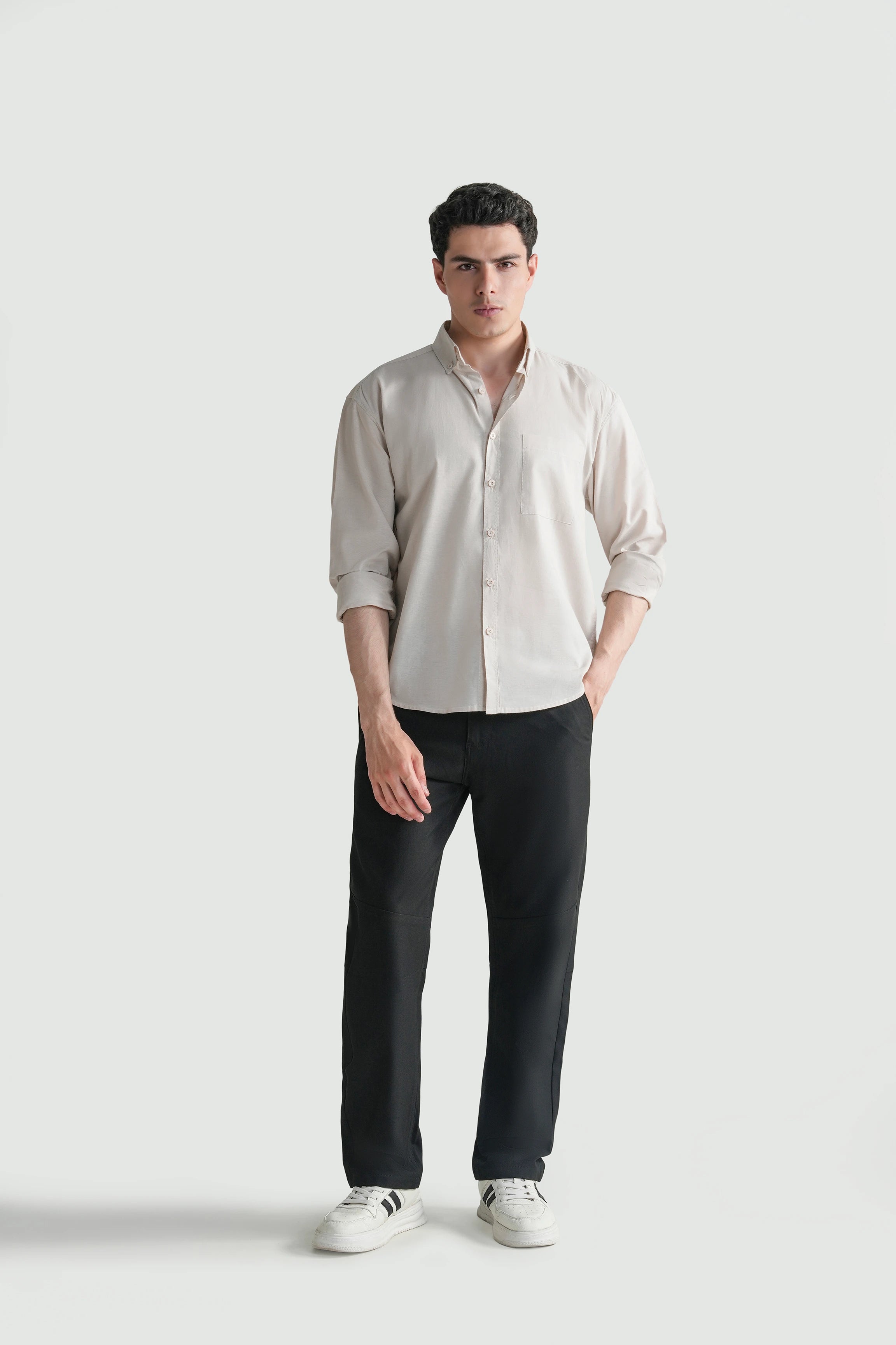 Khaki button-down regular fit casual shirt, full front view, long sleeves.