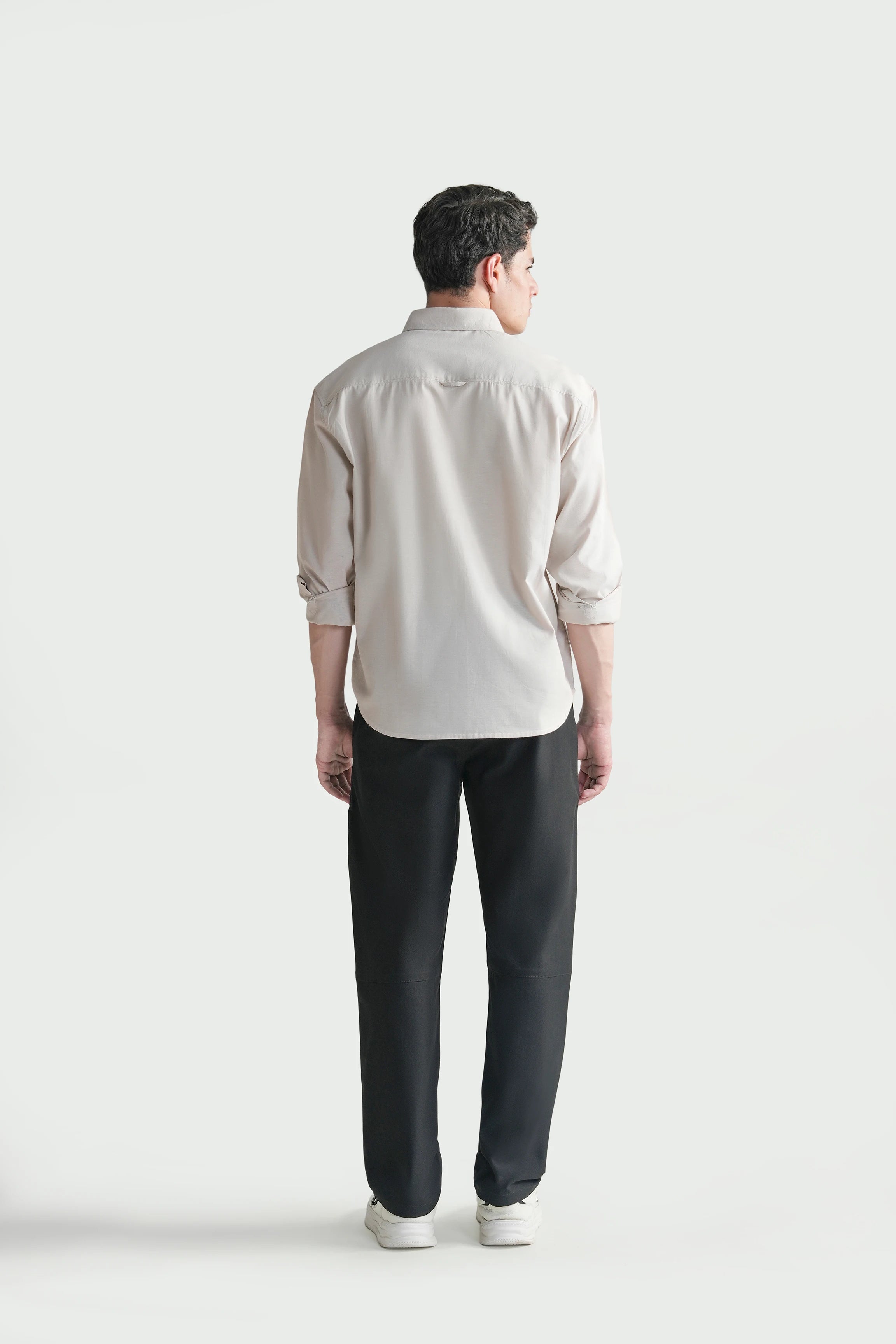 Khaki button-down regular fit casual shirt, back view, long sleeves.