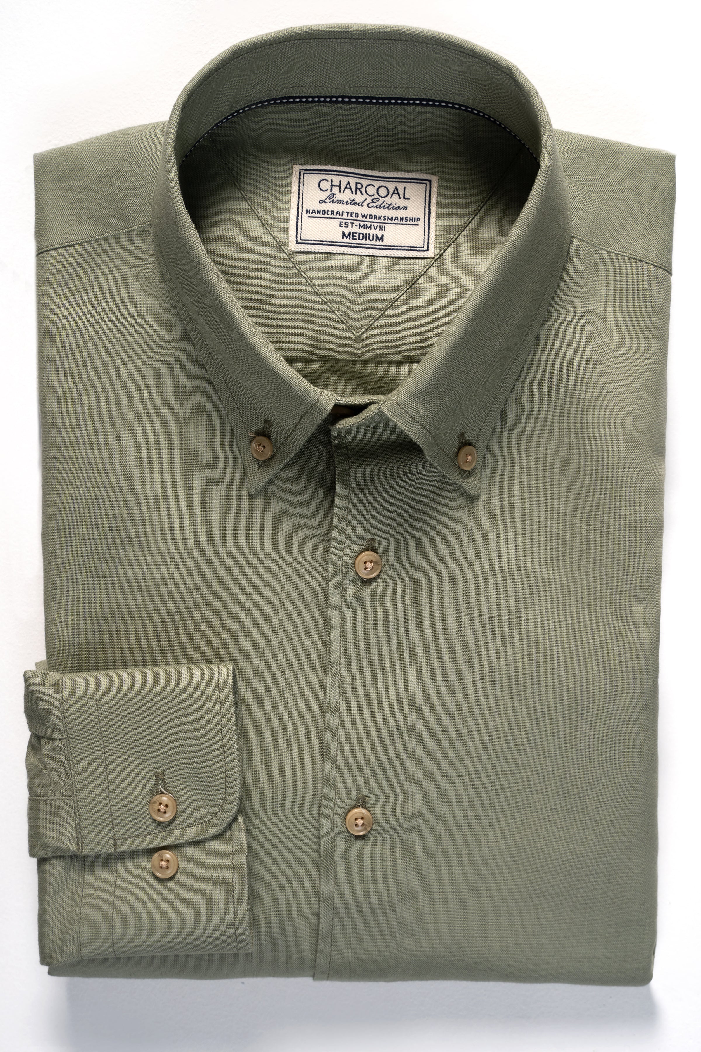 Olive linen fabric shirt with button-down collar and chest pocket
