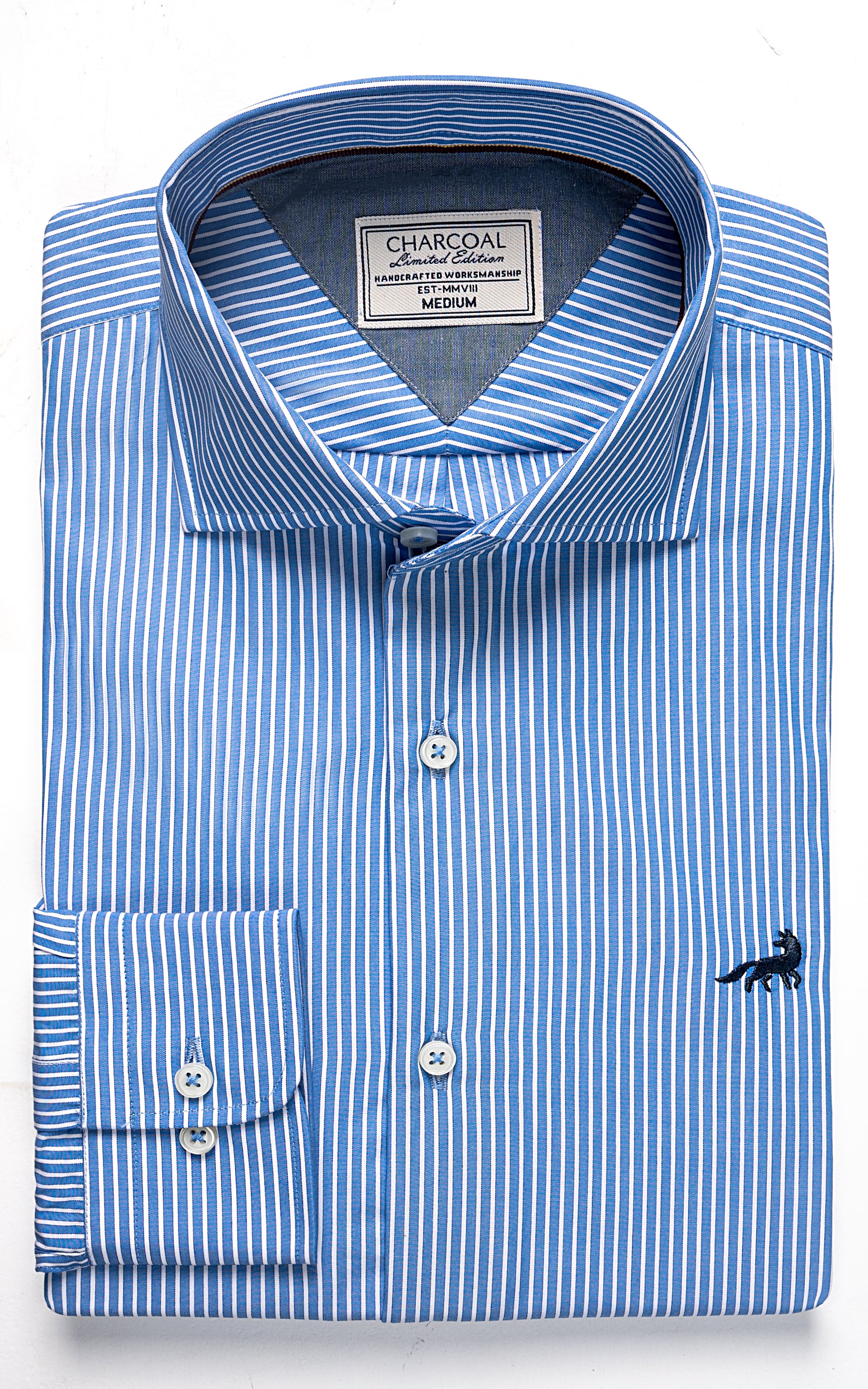 Blue-and-white striped dress shirt with button cuffs and spread collar