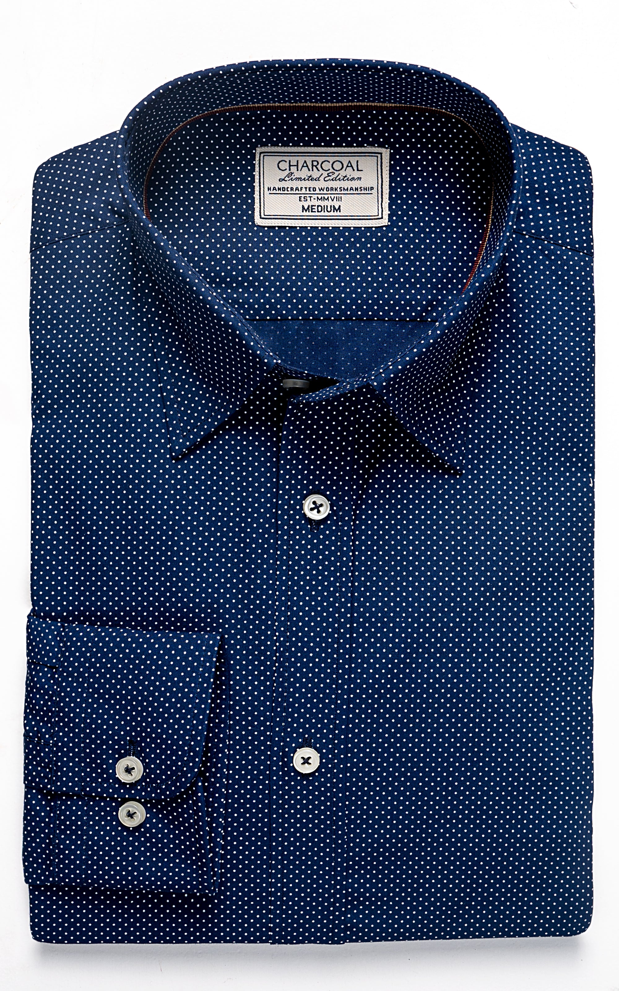 Navy dress shirt with white dot pattern, buttoned collar and cuffs, chest label
