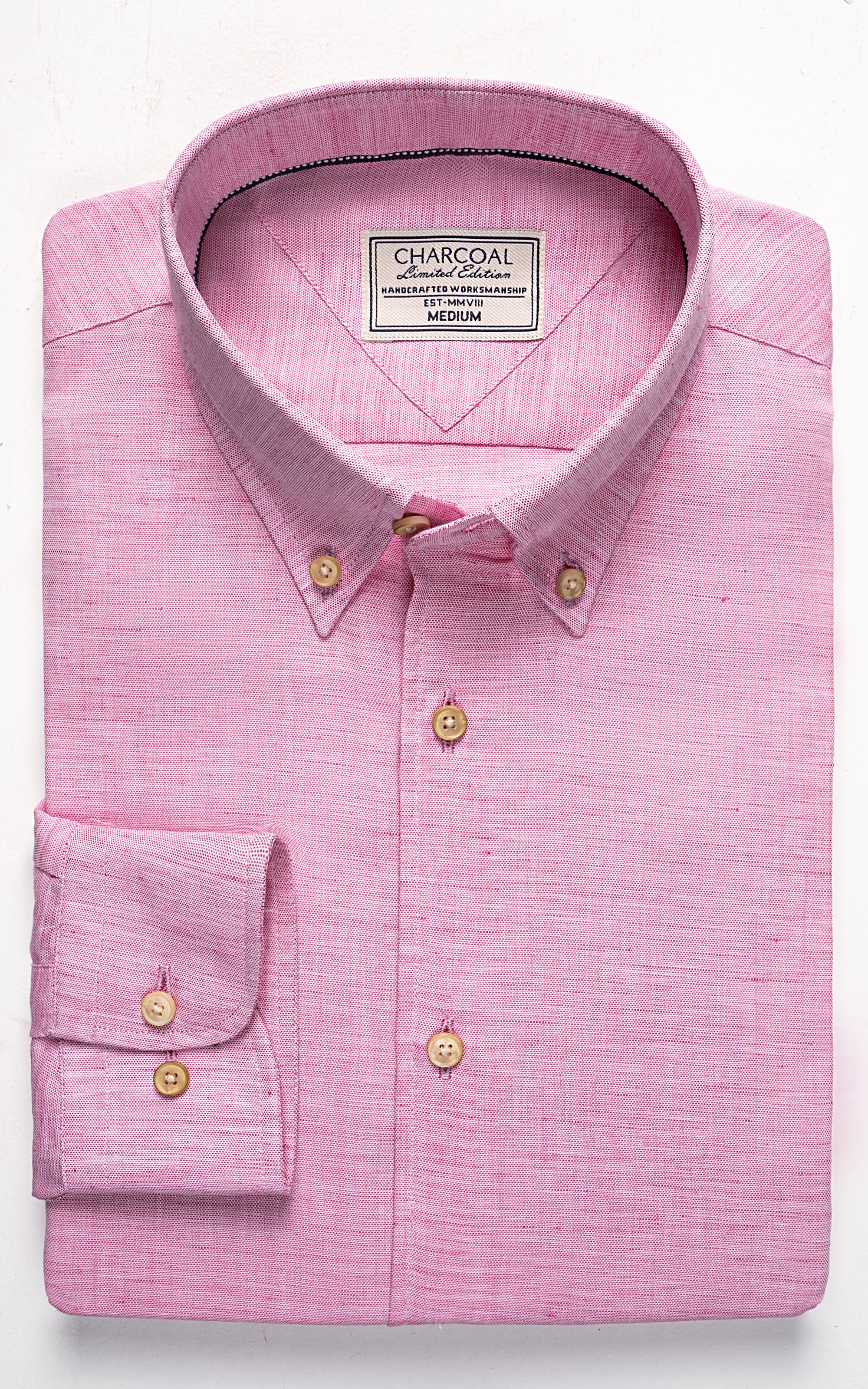 Pink linen button-down shirt with gold buttons, collar and chest pocket
