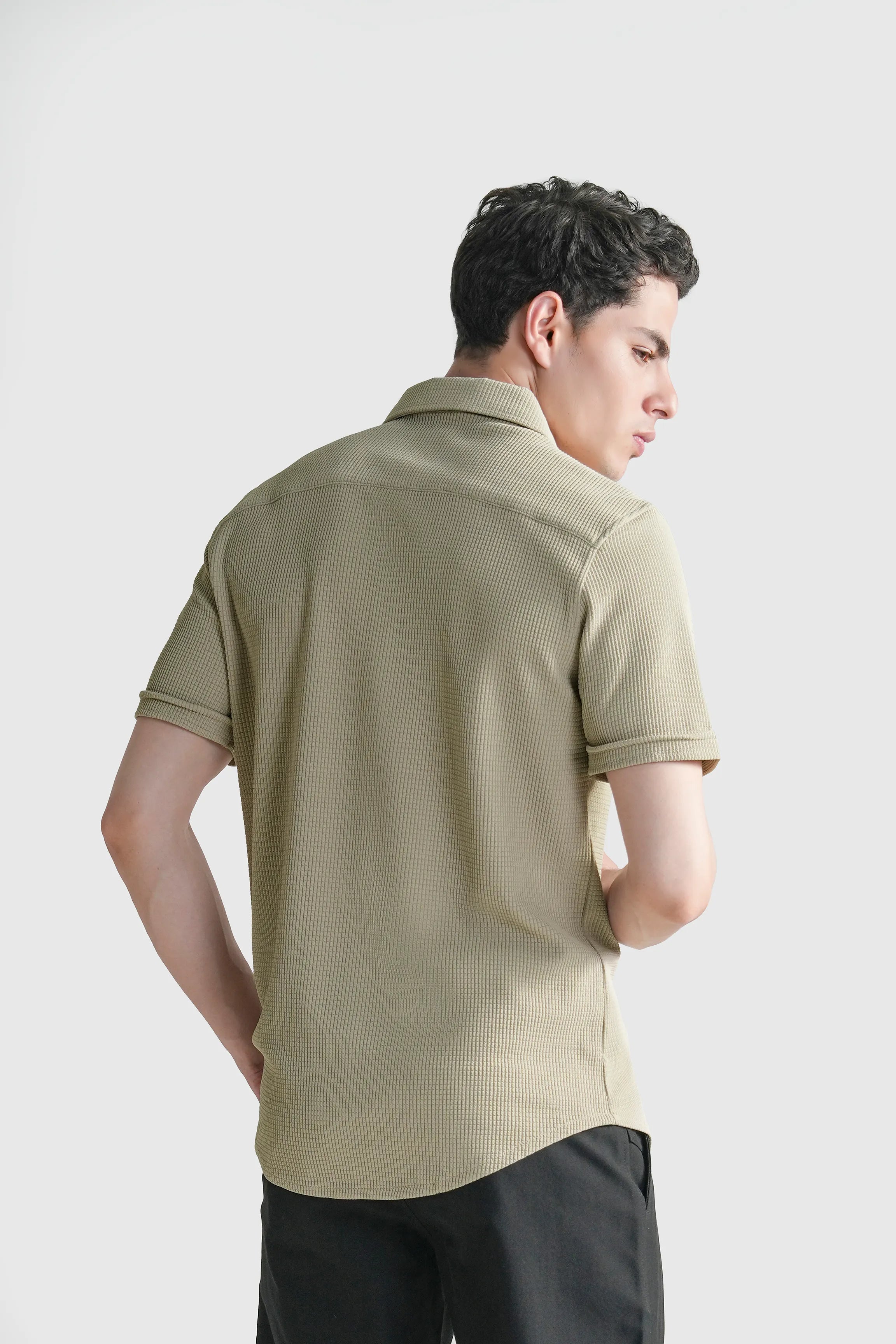 Khaki self-textured casual shirt, short sleeves, back view
