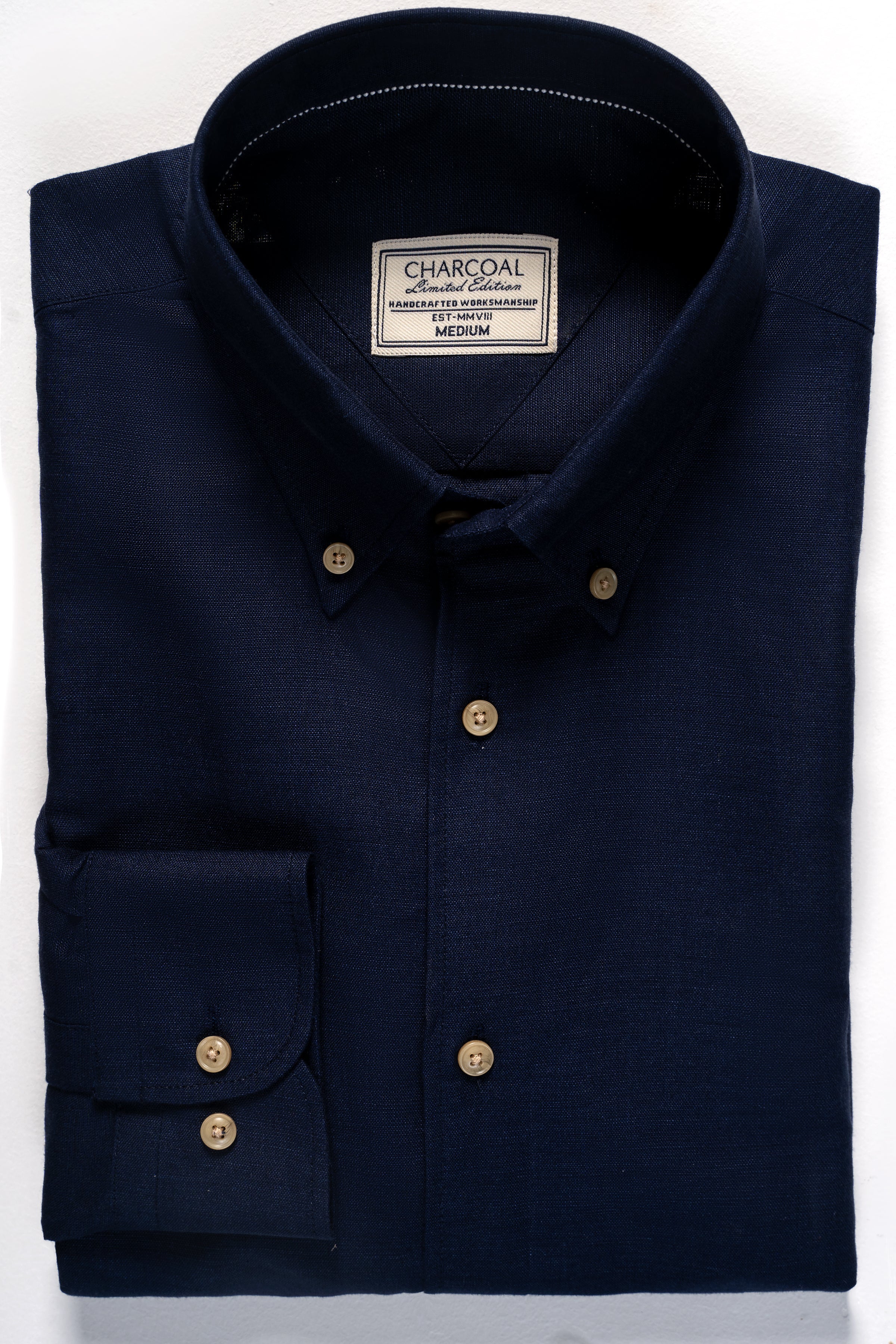 Navy linen fabric shirt with button-down collar and chest buttons