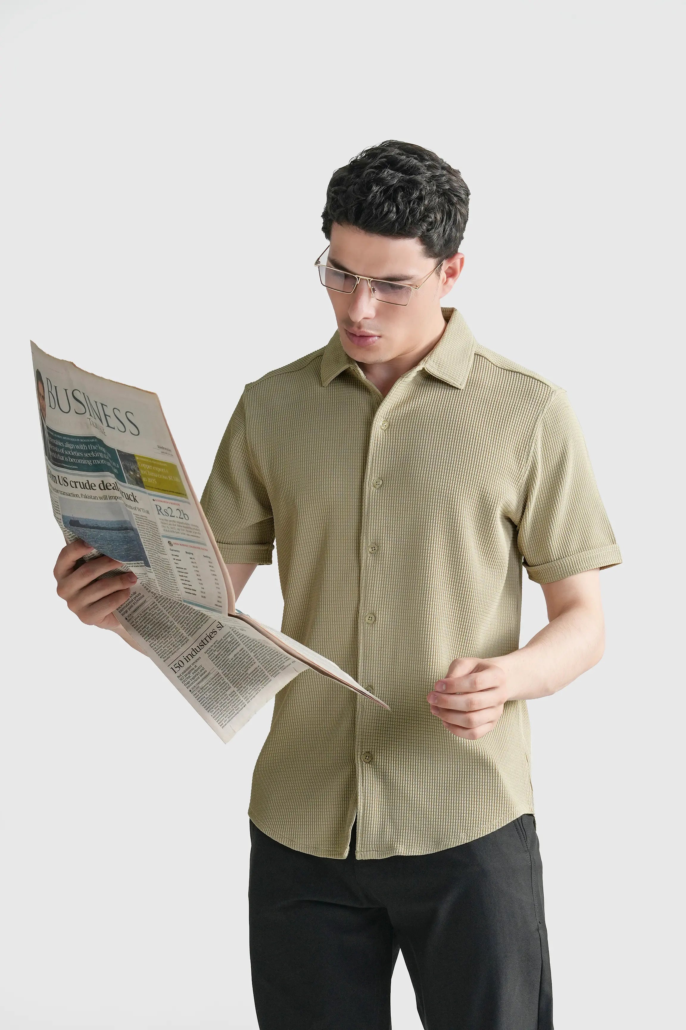 Khaki self-textured casual button-up shirt with short sleeves and full front view