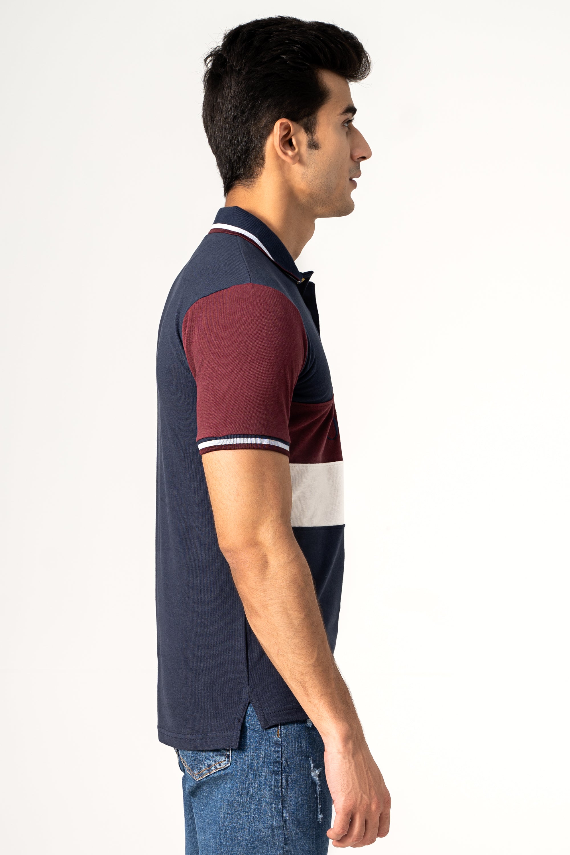 Navy and maroon polo shirt with white stripe hem band and contrast sleeves