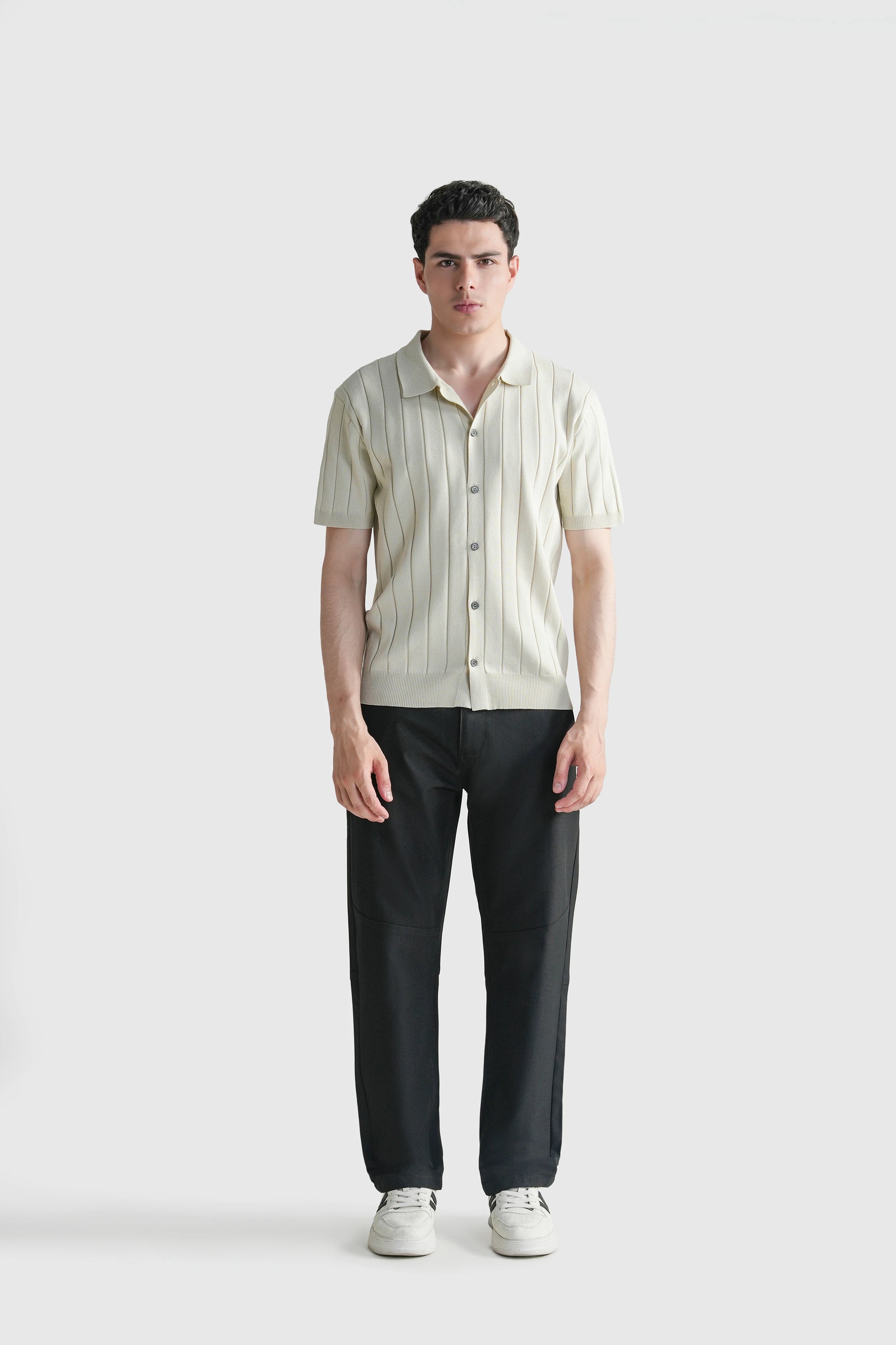 HALF SLEEVE CABLE KNIT CASUAL SHIRT BEIGE