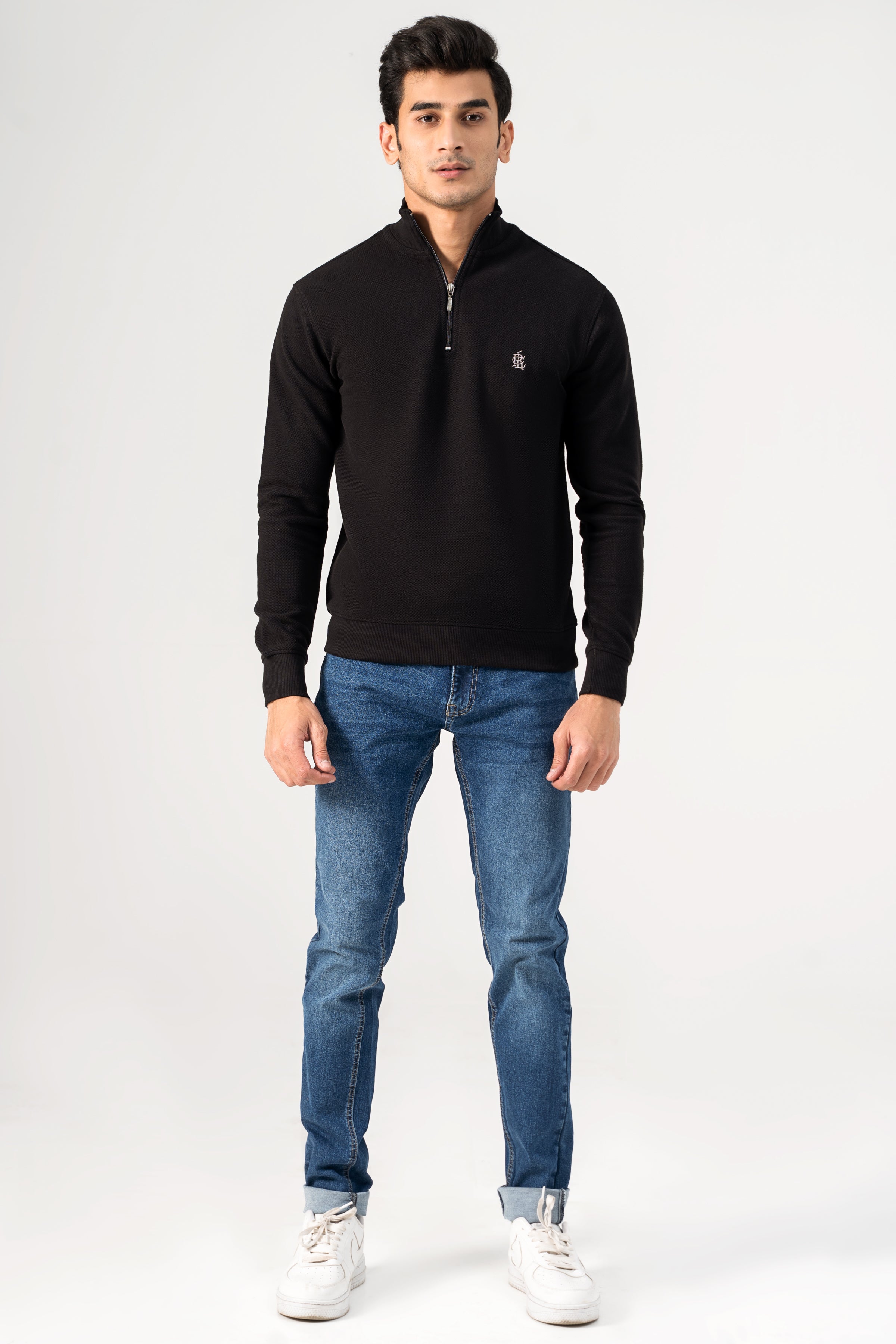 Black half-zip mock-neck sweatshirt with small chest logo