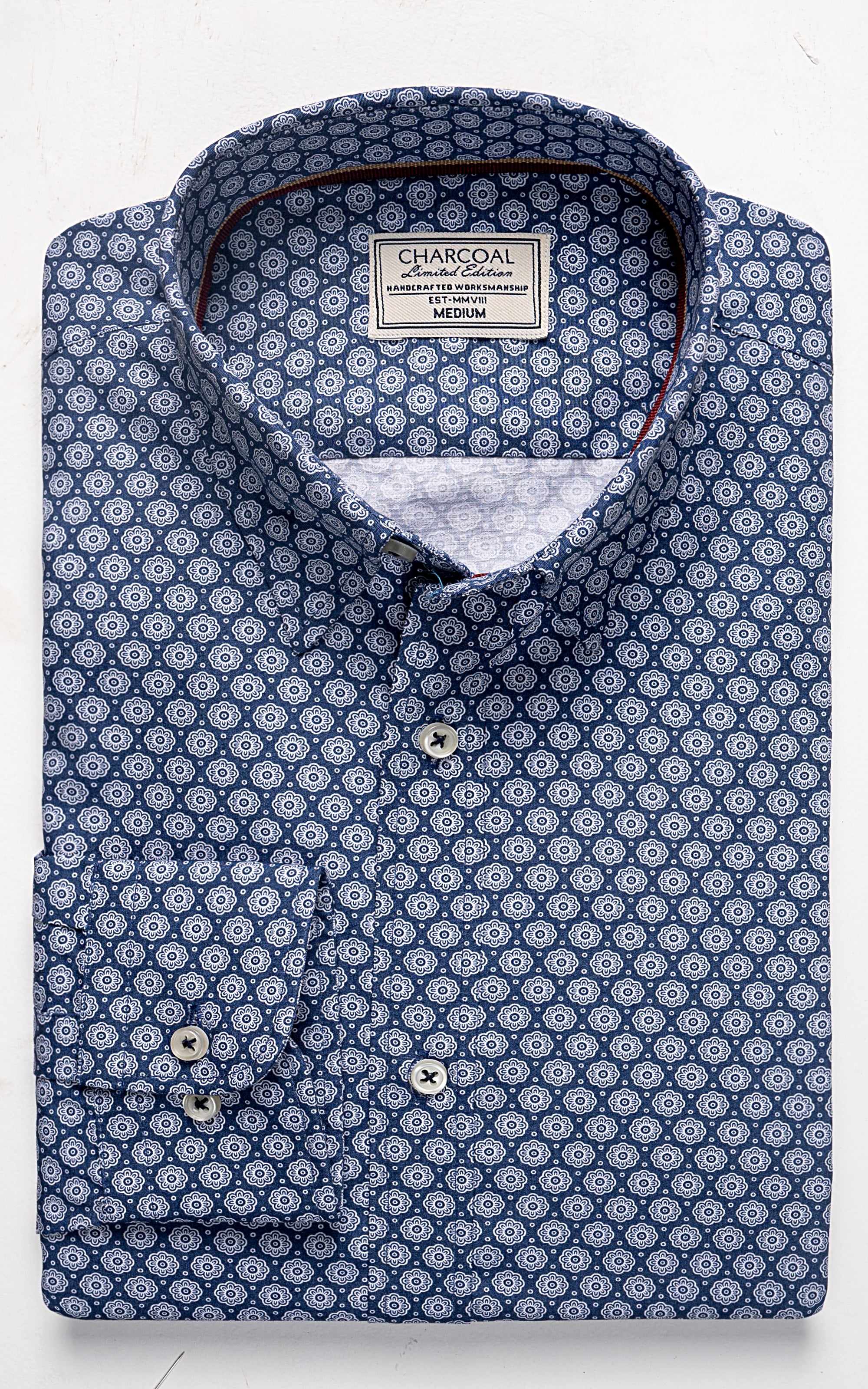 Blue dress shirt, button-down collar, circular pattern, front label