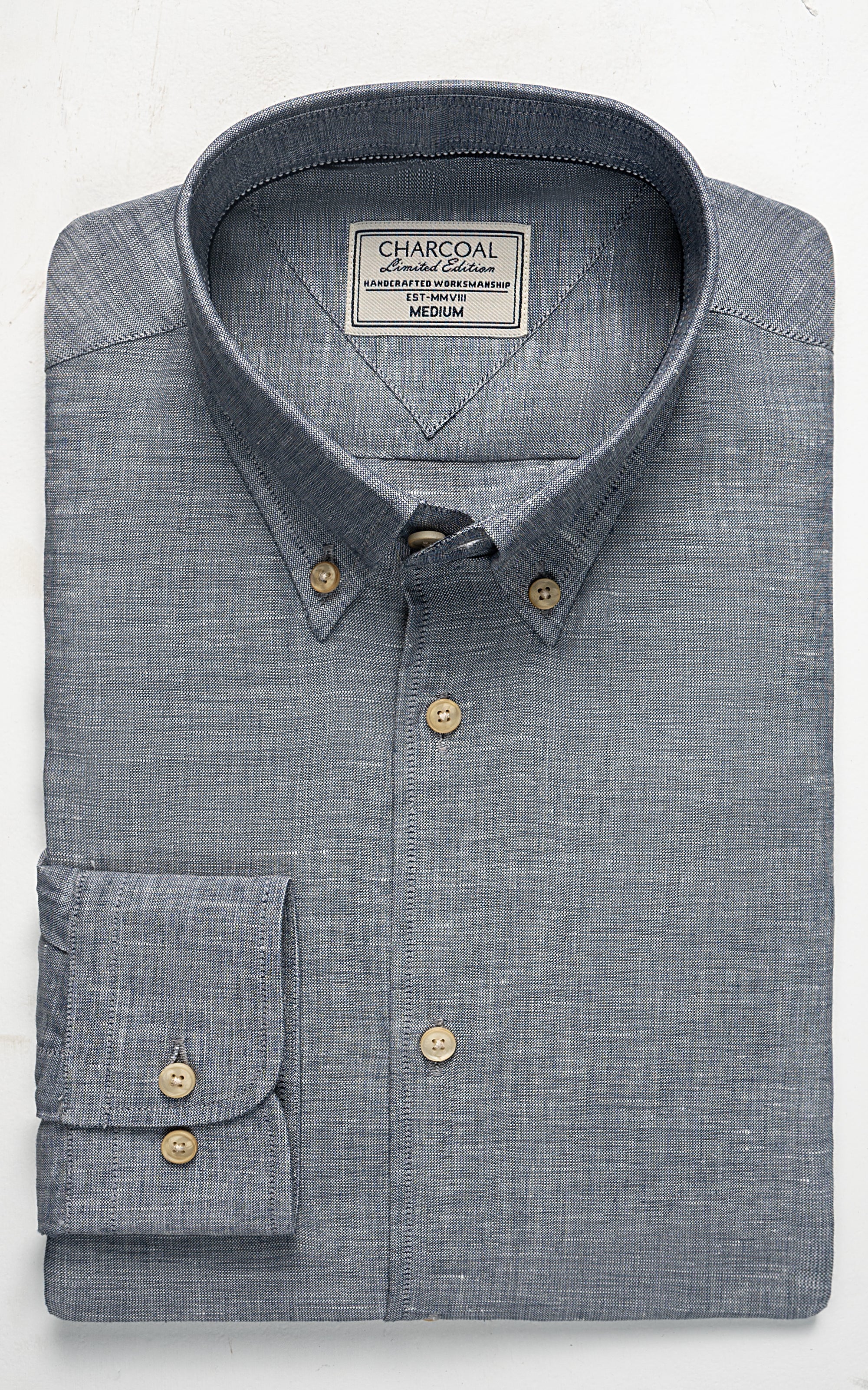 Bluish grey linen shirt with button-down collar and chest pocket
