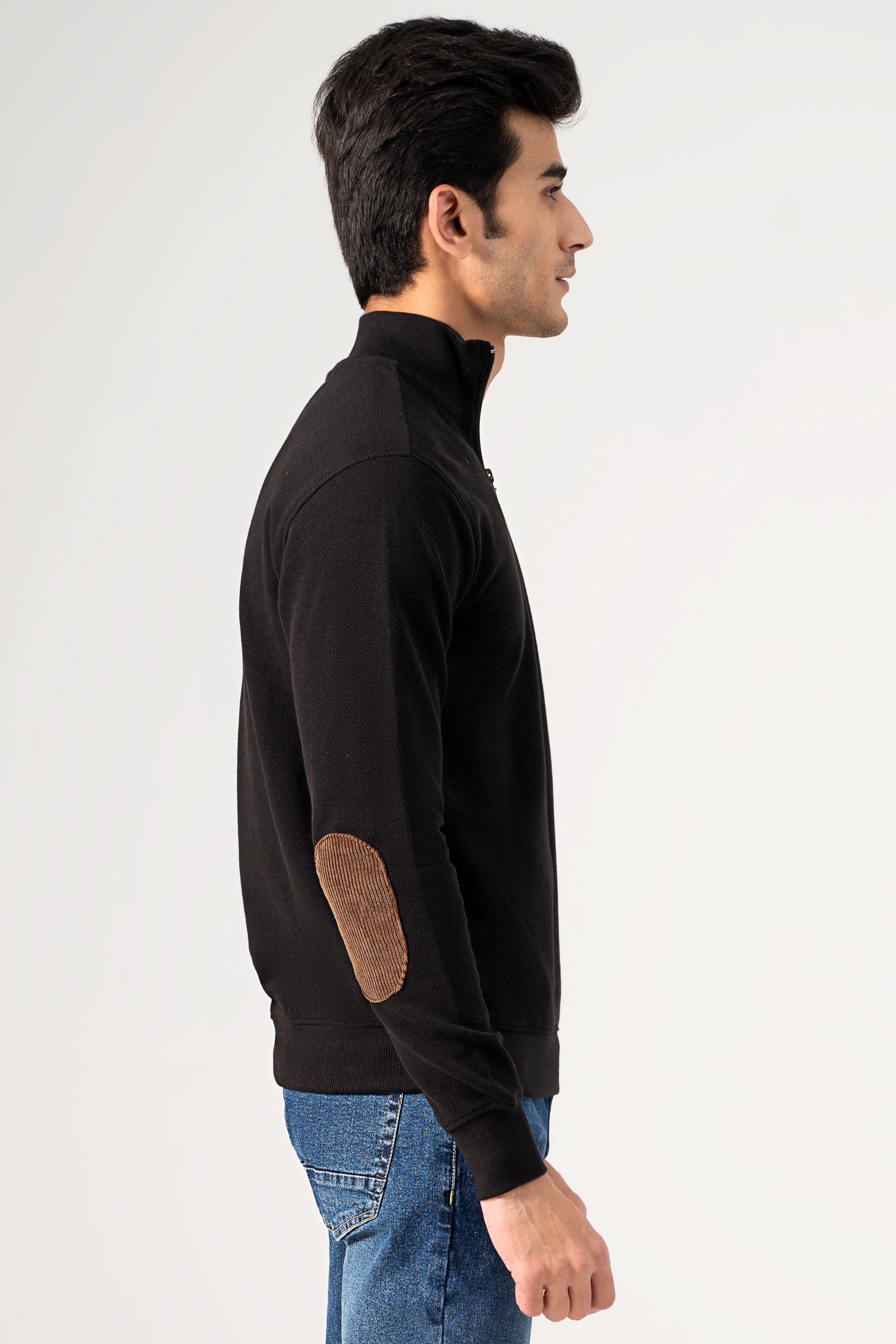 Black mock-neck sweatshirt side view with brown elbow patch detail