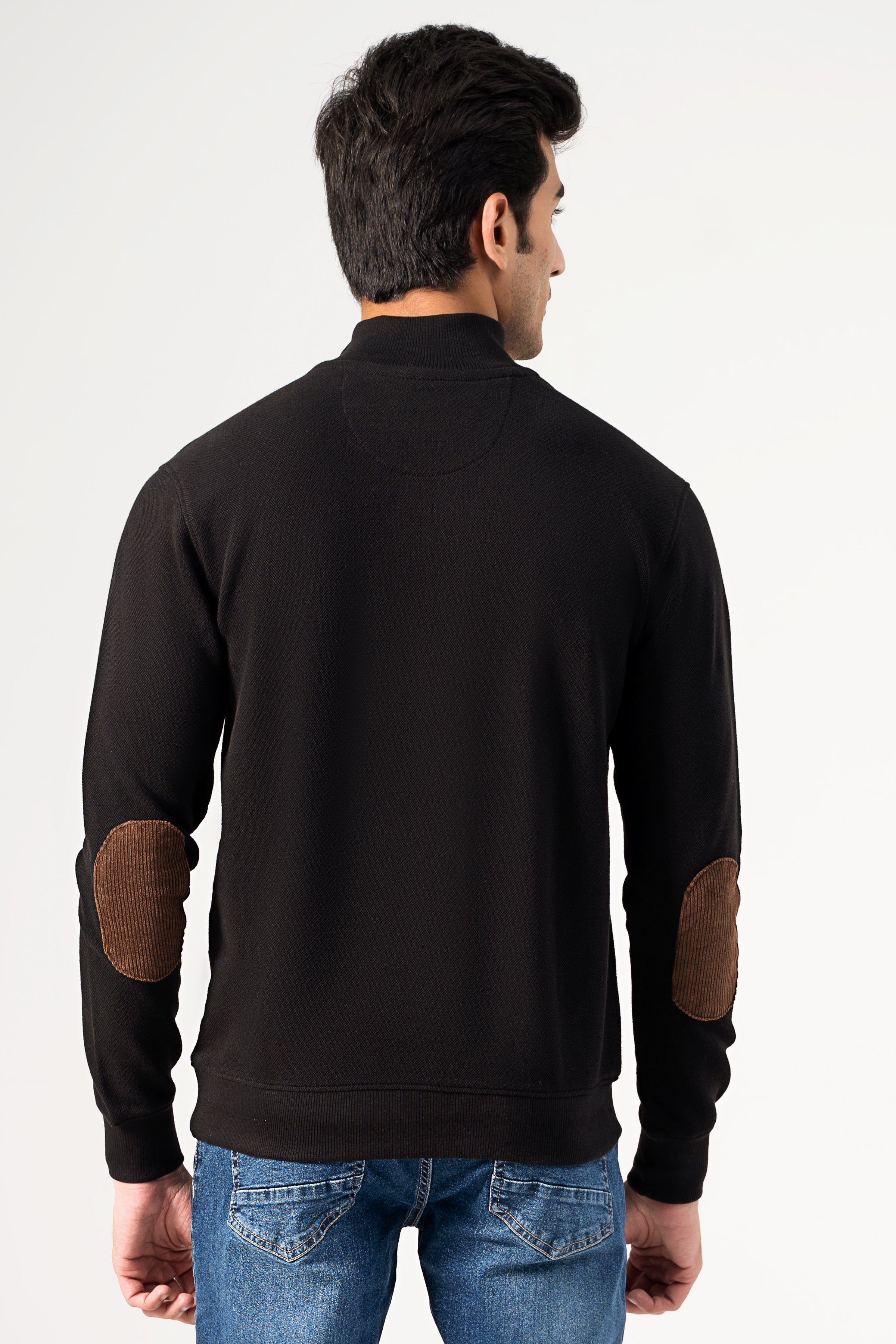Black mock-neck sweatshirt back view with half-zip and brown elbow patches